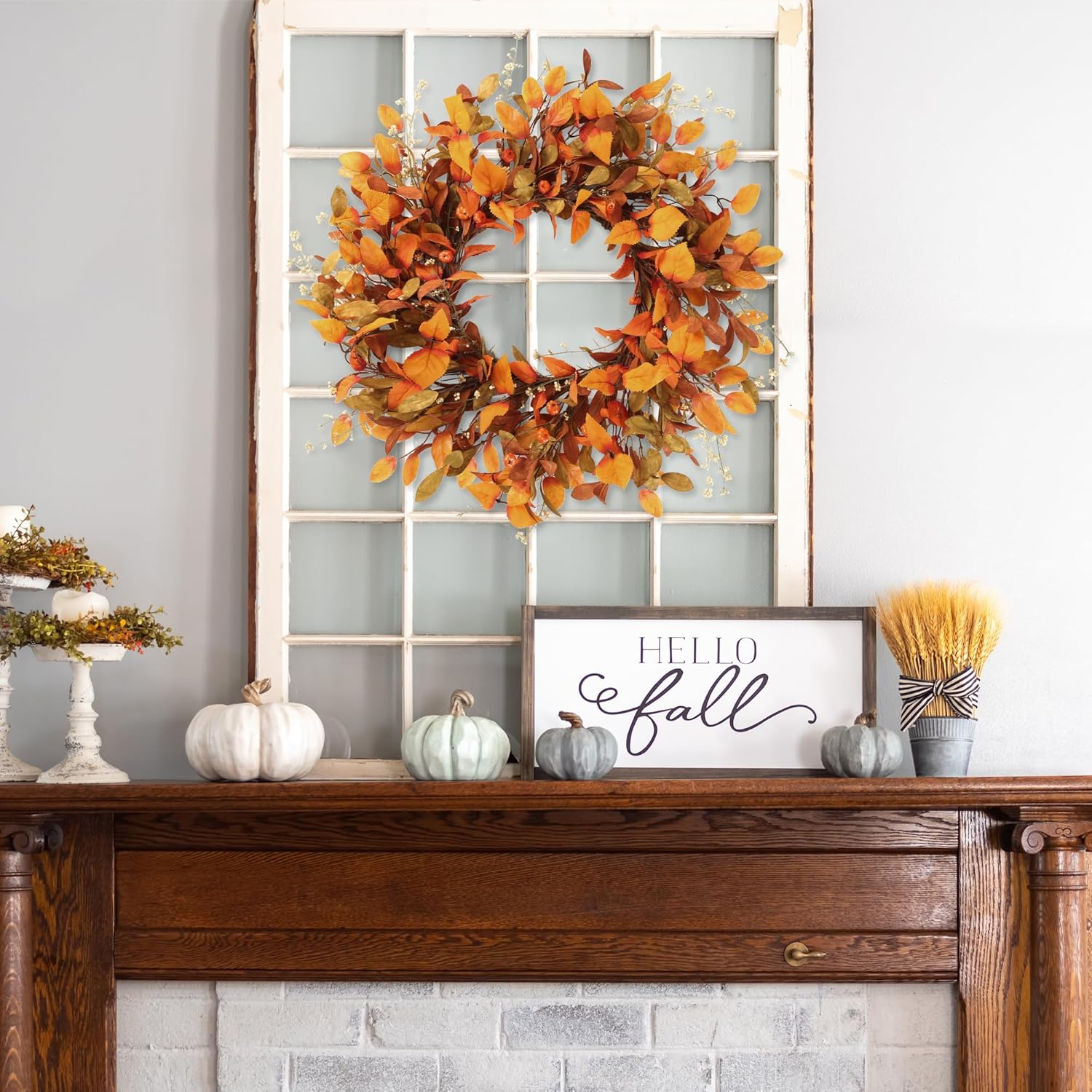 Sggvecsy Artificial Fall Wreath 21’’ Autumn Front Door Wreath with Fall Leaves Small Pumpkins Cluster of Berries for Outside Indoor Wall Window Festival Thanksgiving Fall Harvest Autumn Decor