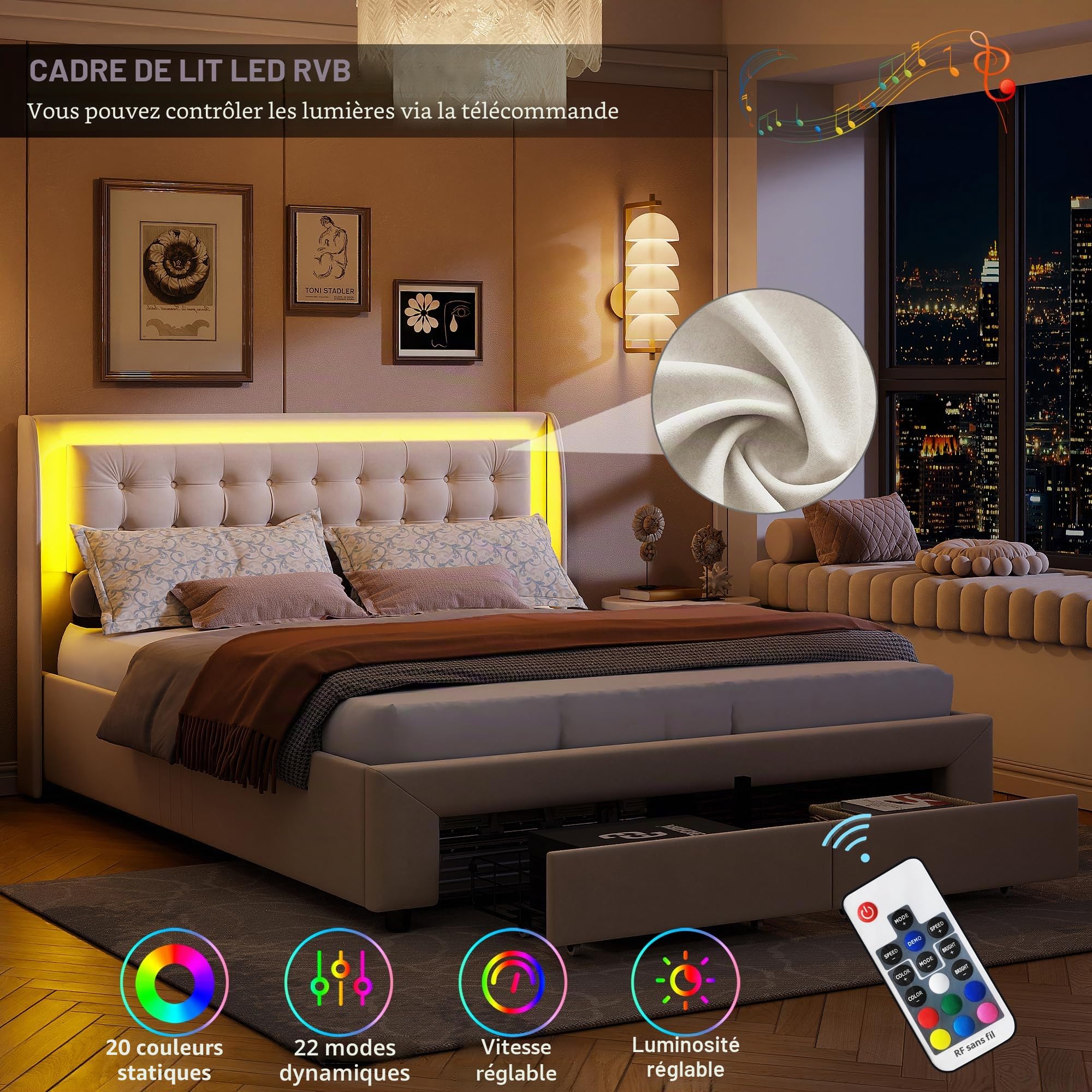 DULRLLY Lit Coffre 180x200 avec Éclairage LED et Rangement, Lit 2 Places avec 2 Tiroirs Rangement, Cadre de Lits avec Sommier à Lattes pour Adults et Ado, Sommier à Lattes, sans Matelas