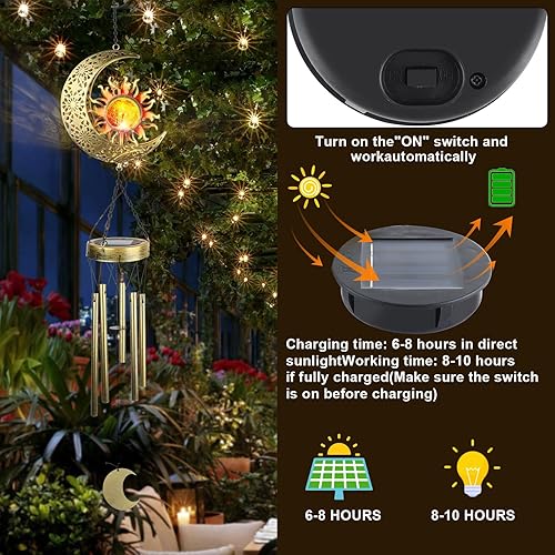 Miniatura 3 de Klmnduo Campanillas de viento, bola de vidrio agrietada de sol y luna con increíble tono profundo, luces solares LED impermeables para decoración de