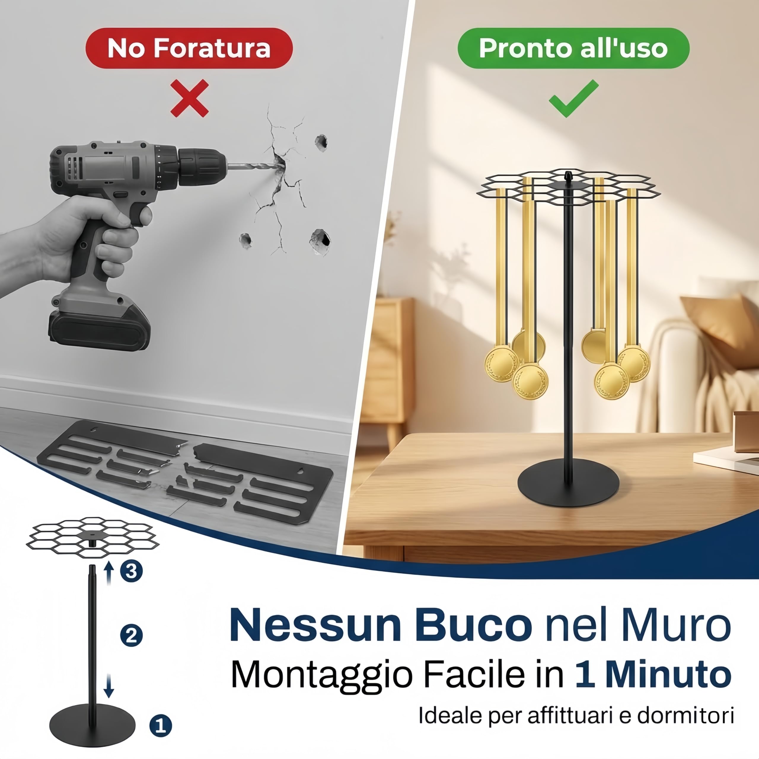 Espositore per Medaglie Girevole a 360°, Porta Medaglie da Tavolo in Acciaio al Carbonio per Basket Corsa Gare Sportive, Robusto e Facile da Montare (Oltre 45 Medaglie)