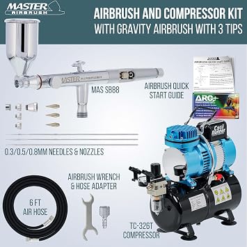 Master Airbrush SB88 Pro System - Dual-Action Side Feed Airbrush, Tank Compressor, 3 Nozzle Sets (0.3, 0.5, 0.8mm), 1/2oz Gravity Cup, How To Guide - Spray Auto, Hobby