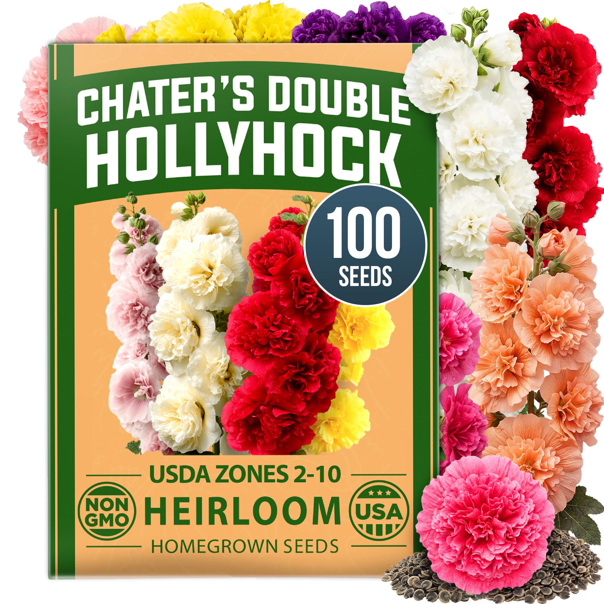 HOME GROWN Hollyhock Seeds, Chater's Double Mix, 100 Seeds, Alcea rosea