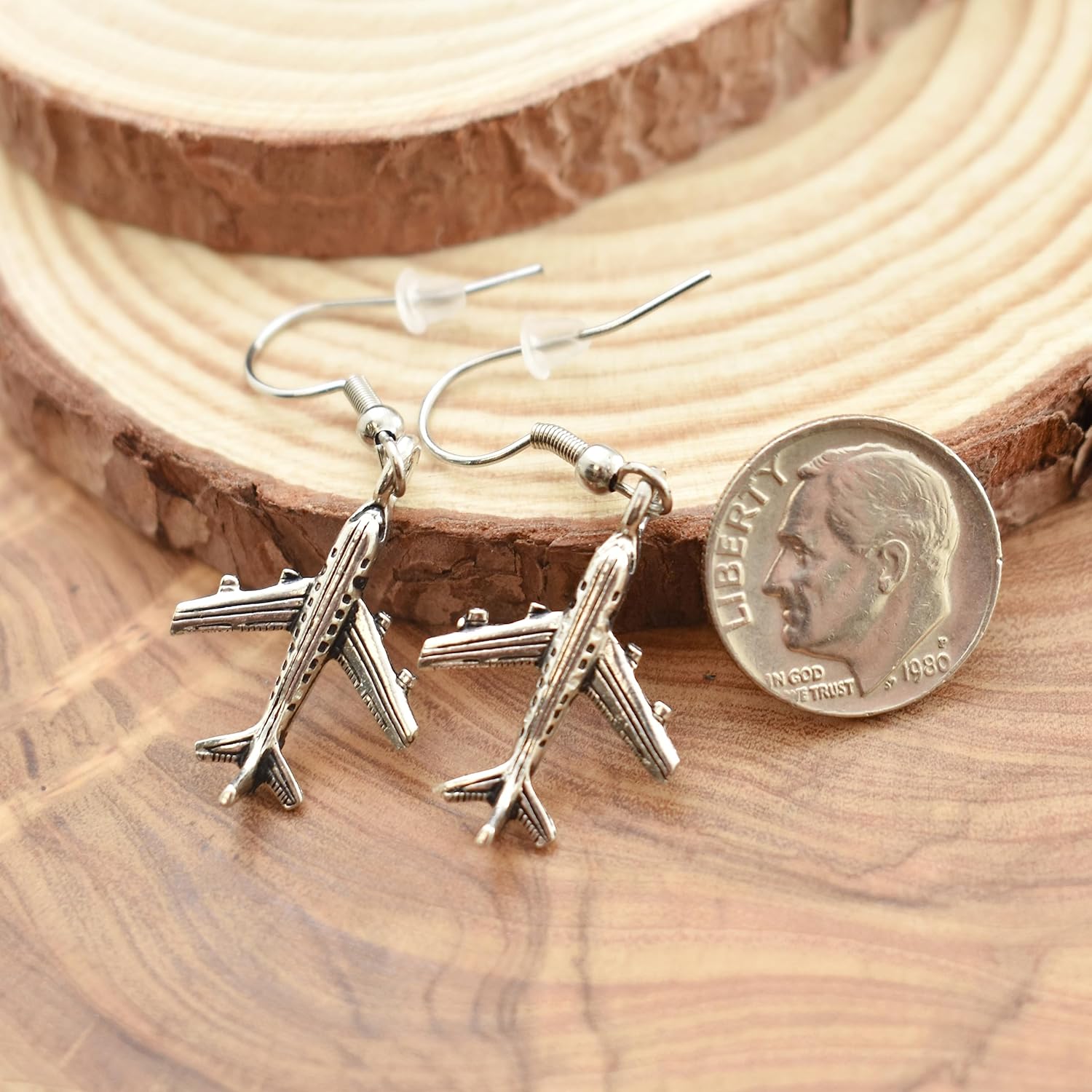 Jet Airplane Charm Women Earrings in Silver Pewter | Handmade Stainless Steel Wires | Creative and Versatile Piece of Jewelry | Gift for Teens and Girls
