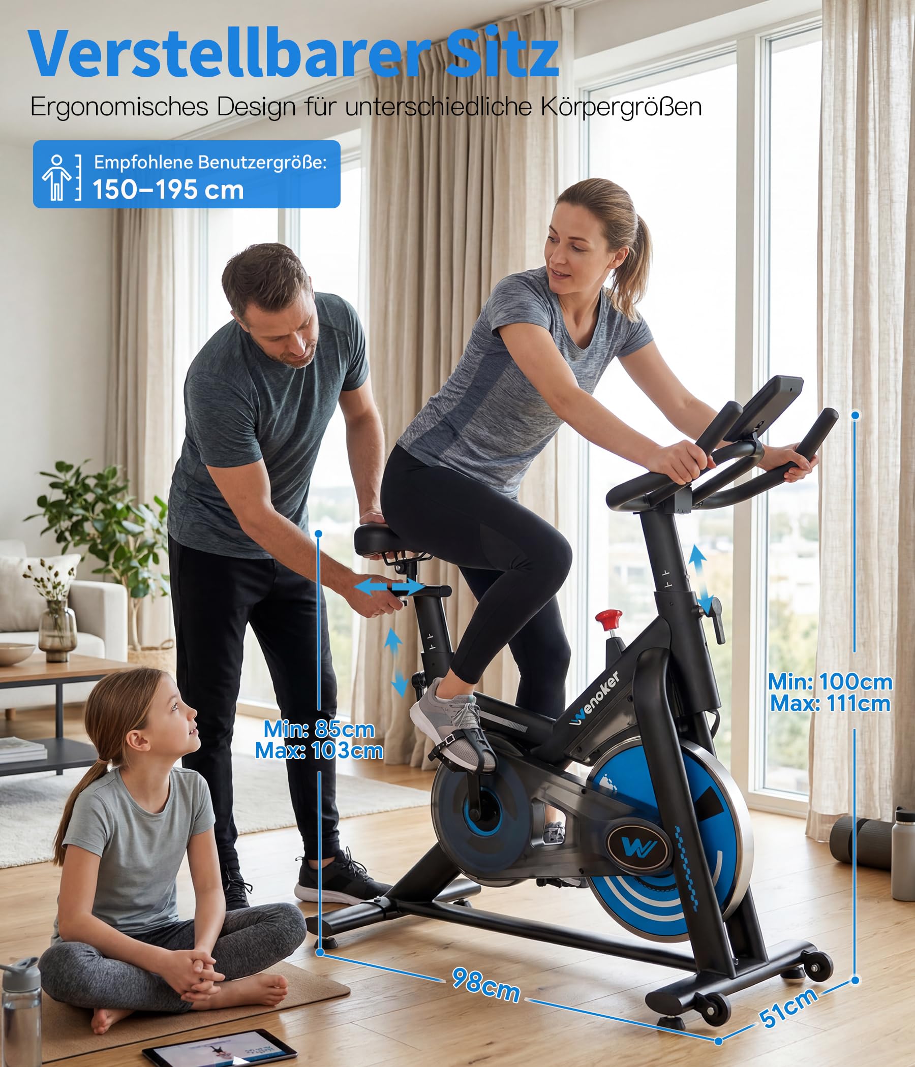 WENOKER Cyclette con app e resistenza regolabile, silenziosa, con display LCD, per interni, ergometro fino a 160 kg, per allenamento cardio, a casa