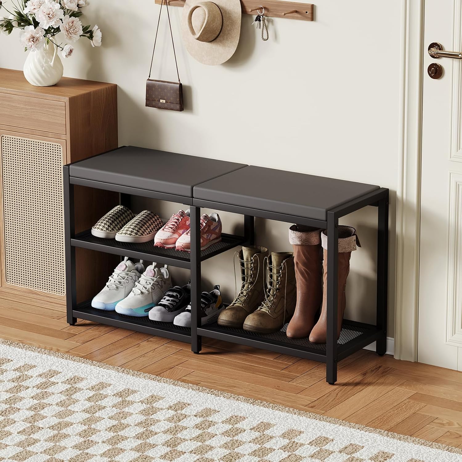 ZHOOGE Shoe Bench & Rack Storage Bench - Entryway Bench with Seat Cushion, Stable Organizer for Entryway & Living Room, Holds Up to 300 lb, (35" L x 12" W x 17" H, Black) Black 35"L x 12"W x 17"H