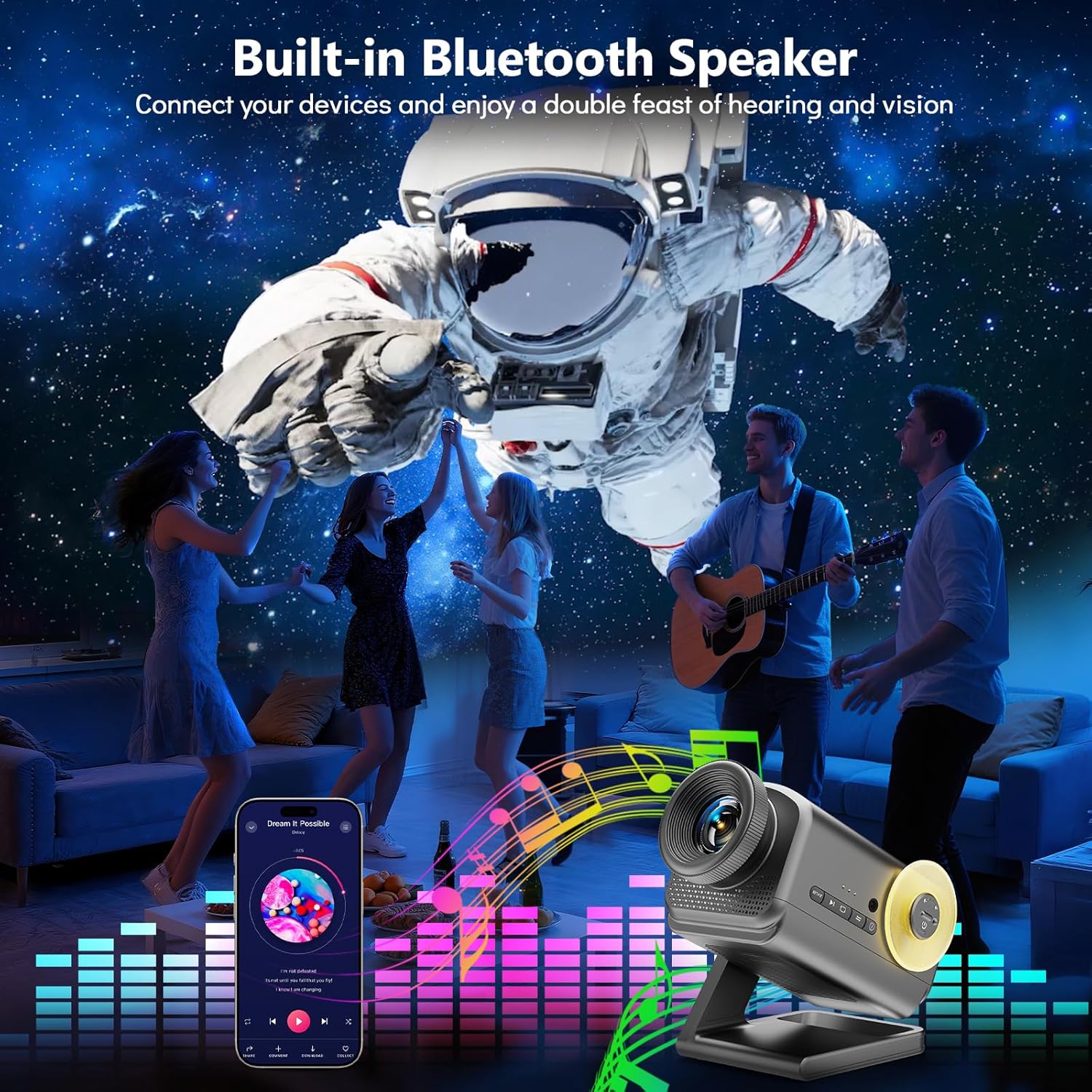 Rossetta 3D Projector projecting a space scene with people dancing, illustrating the Bluetooth speaker function