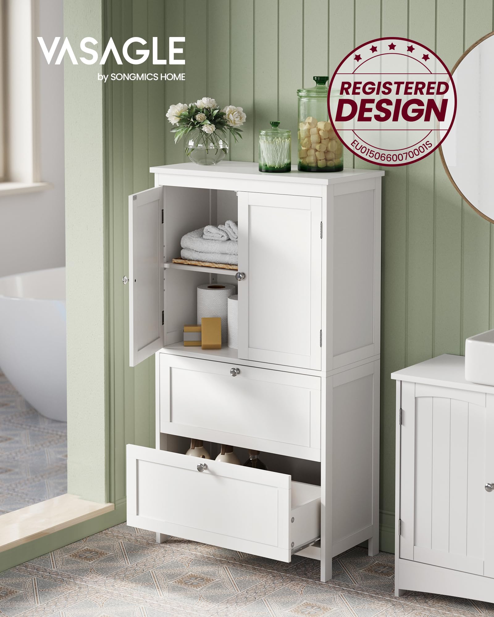 VASAGLE Mobile da Bagno, Mobiletto da Bagno, Credenza da Cucina, Armadietto con 2 Cassetti e 2 Ante, Ripiano Regolabile, 30 x 60 x 110 cm, Bianco BBC551P31
