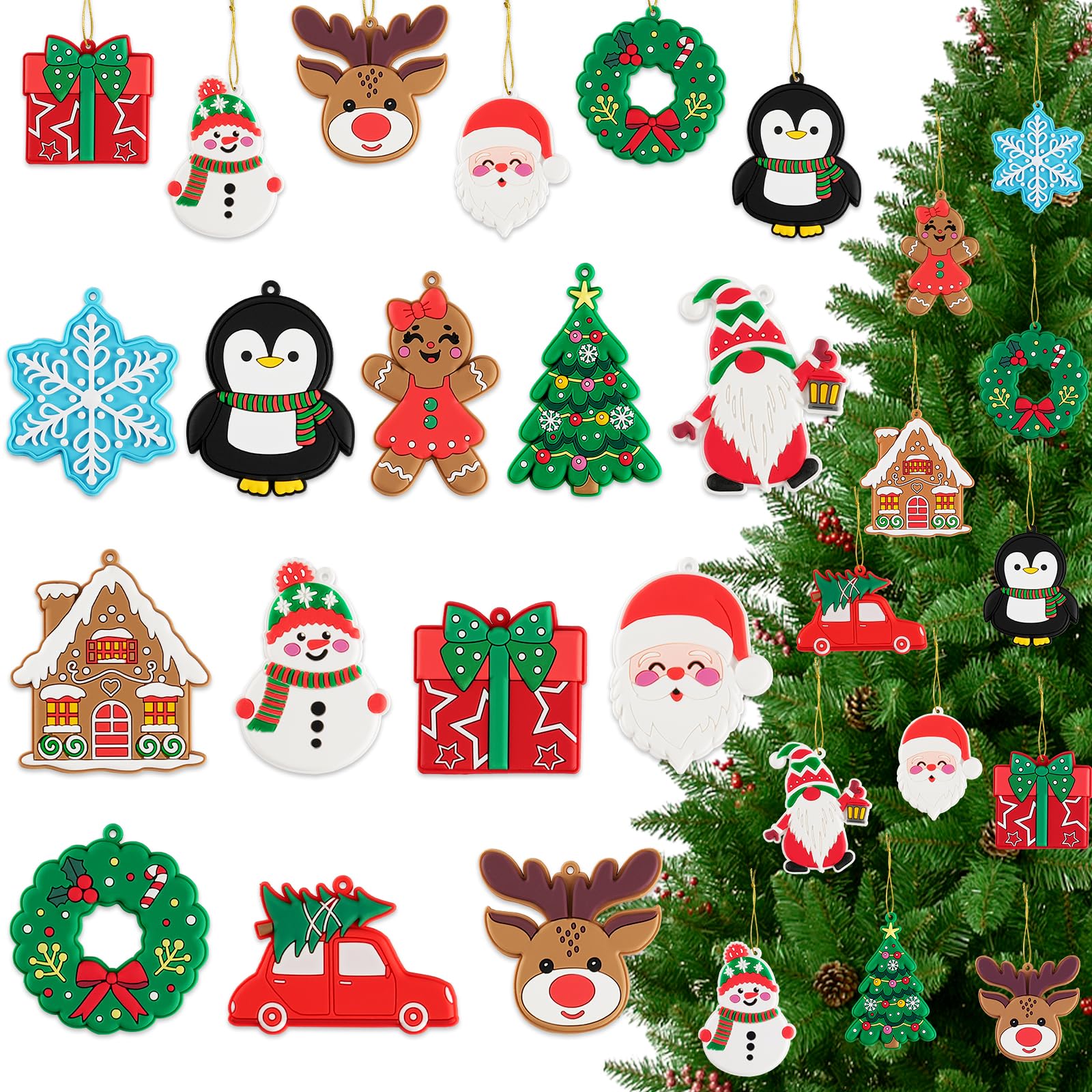 kockuu Christmas Ornaments for Tree Decorations, 36pcs Soft PVC Hanging Ornaments Snowflake Gingerbread House Snowman for Christmas Tree Gift Box, Winter Holiday Party, Home, Office Decor