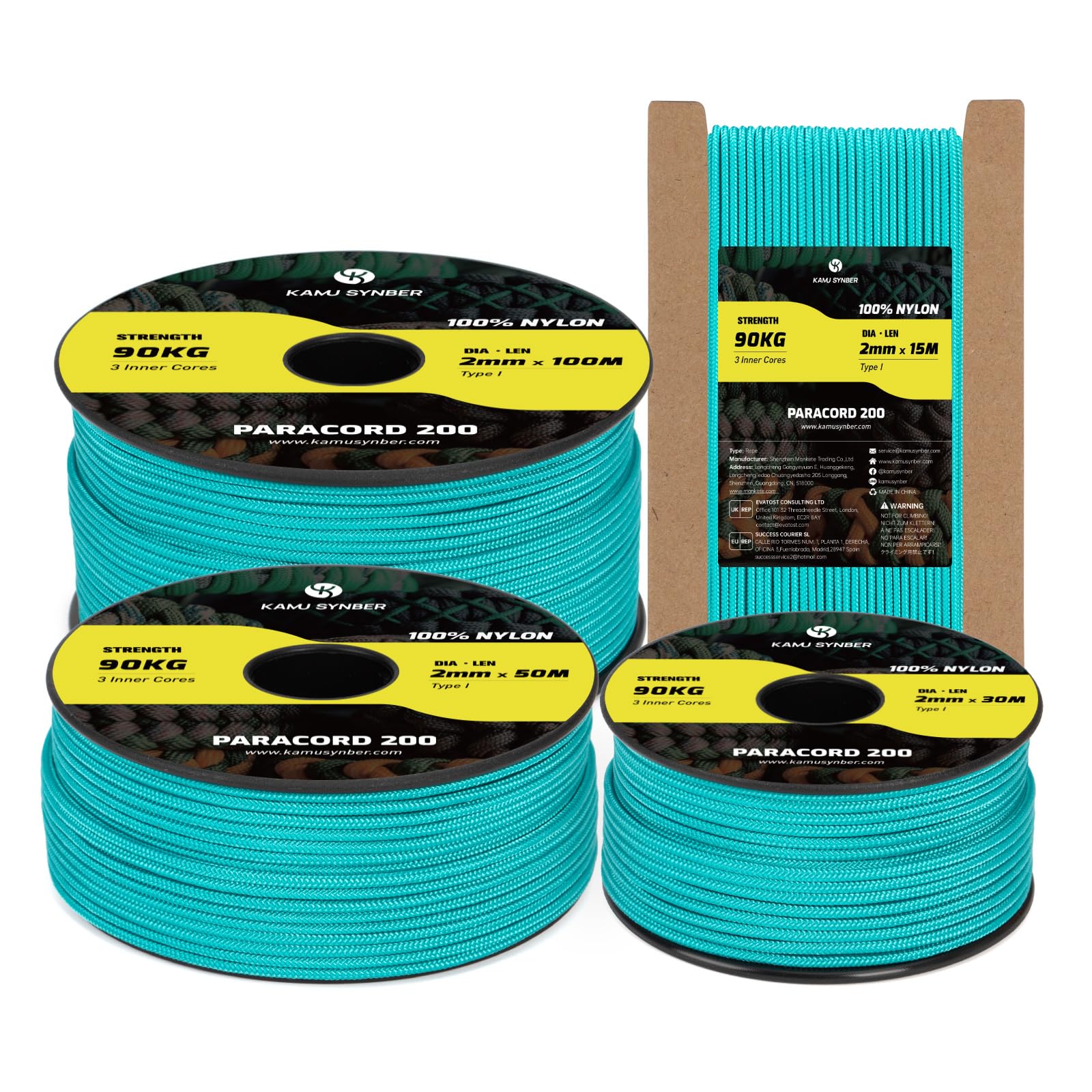 Kamu Synber Paracord 2mm 3 Strands 15M 100% Nylon Rope Type I Parachute Cord for Craft, Outdoor, DIY, Camping | Support 90kg | Turquoise