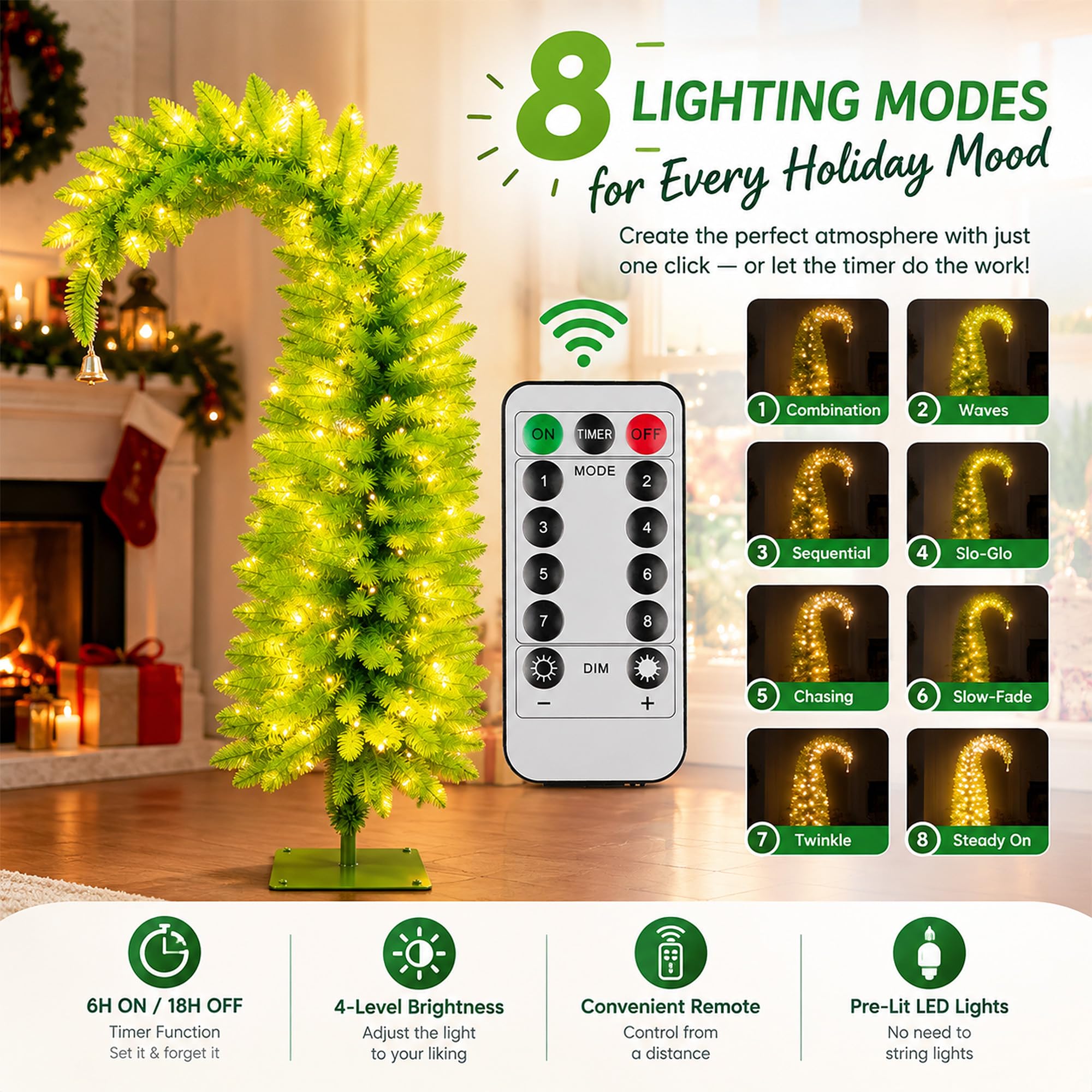 Árbol de Navidad Prelit Grinch de 5.7 pies, árbol de Navidad artificial con temporizador remoto para decoración navideña de interiores, árbol de Navidad para el hogar, oficina, sala de estar, cocina