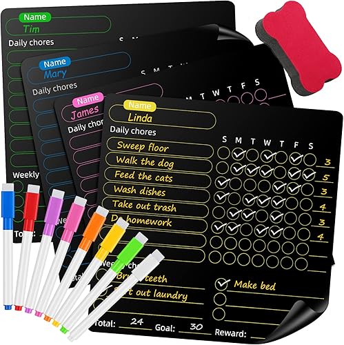 Magnetic Chore Chart for Kids, 4 Pcs Dry Erase Behavior Charts and 6 Colored Markers with Eraser Caps with 1 Eraser, Reward Chart for Multiple Kids
