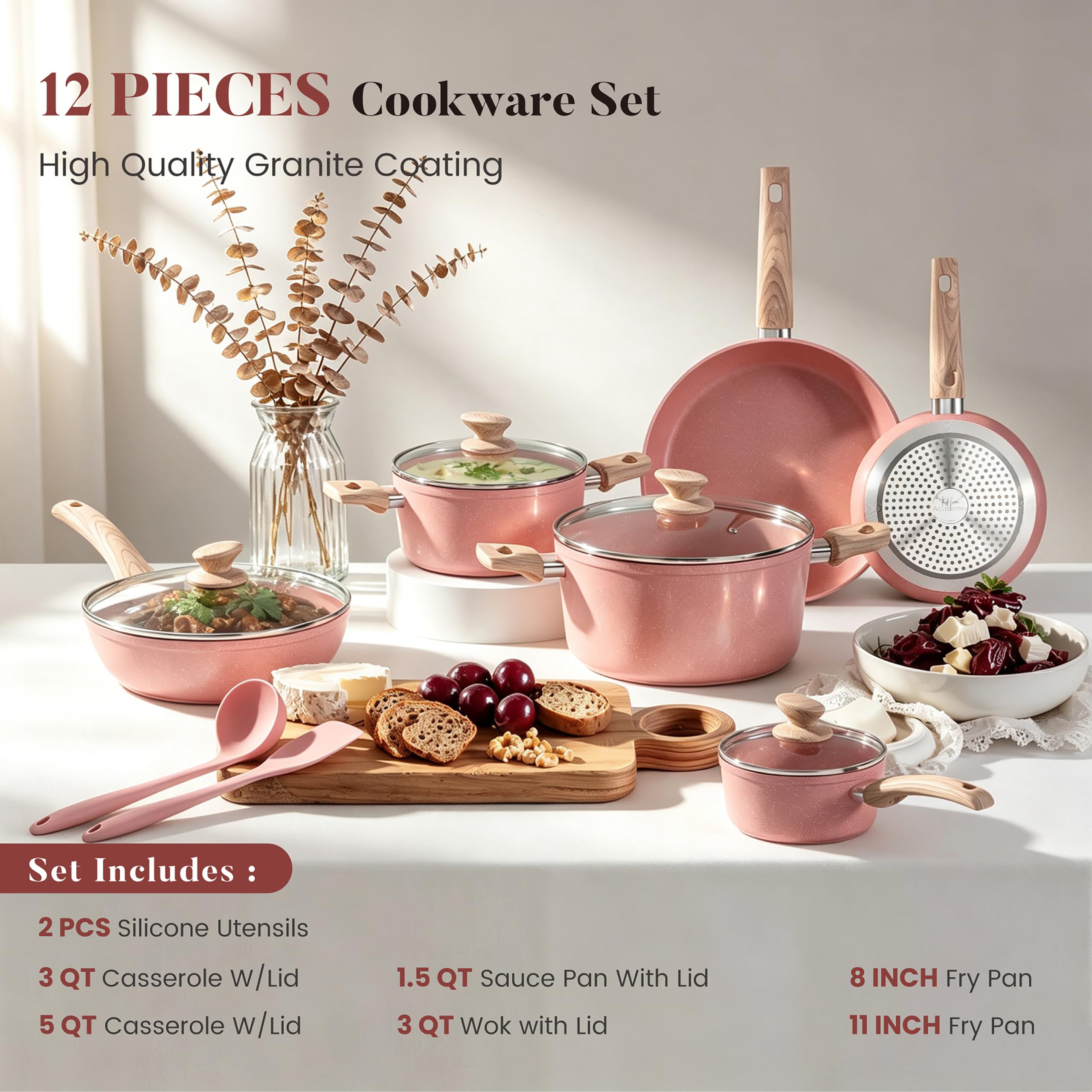 Kitchen Academy Induction Pots and Pans Set Non Stick, 12Pcs Pink Cookware view 2