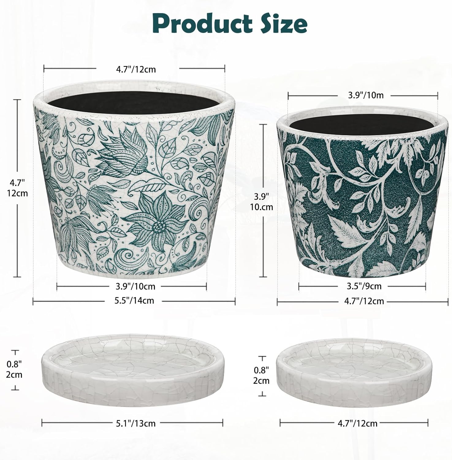 Set of 2 Ceramic Blue and White Plant Pots with Drainage Hole and Saucers, Vintage Farmhouse Accent Planters for Indoor Plants, Round Flower Pots Rustic Succulent Pot Terracotta Tubs 5.7/4.7 Inch