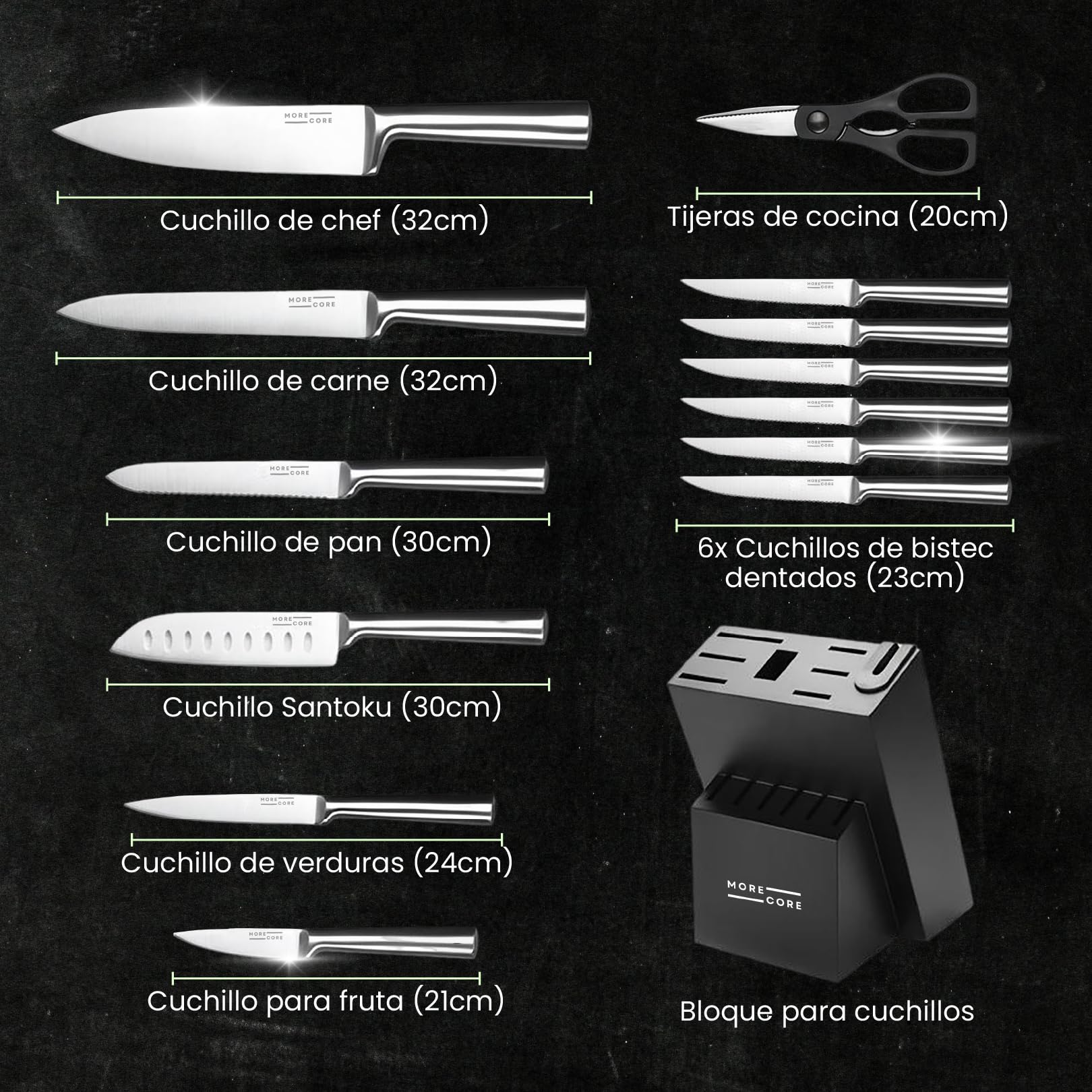 MoreCore Juego de Cuchillos de 14 Piezas, Bloque de Cuchillos con Afilador Integrado, Acero iInoxidable Alemán, Juego de Cuchillos de Chef con Bloque, Cuchillo de Cocina Profesional y Tijeras, Apto Pa