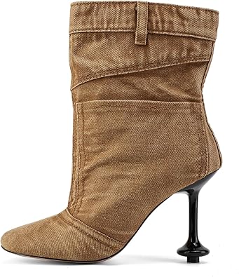 Jeans Boots for Women High Heels Square Toe Ankle Short Denim Booties Retro Cowboy Cowgirl with Zipper Fashion Casual Shoes