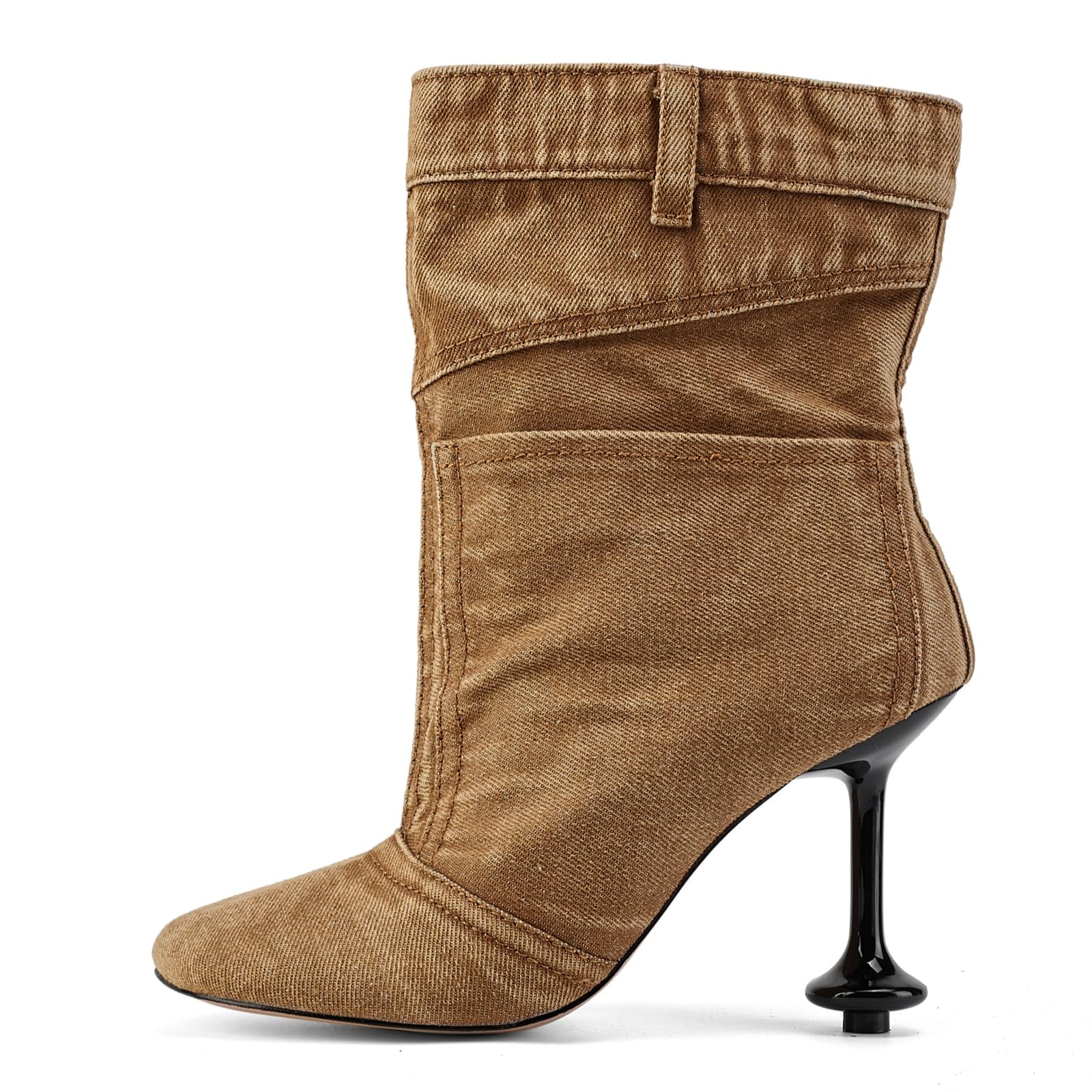 Fuazuzu Vintage Denim Stiletto High Heeled Cowboy Pockets Boots for Women, Mid Wide Calf Round Toe with Metal Button for Fashion Dress Booties