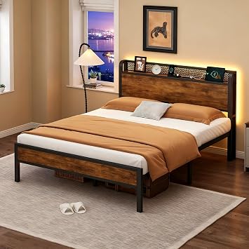 Full Bed Frame with Charging Station and LED Lights,Heavy Duty Platform Beds Full Size with Storage Headboard,USB Port,Rustic Wood and Strong Metal Support,No Box Spring Needed, Noise Free