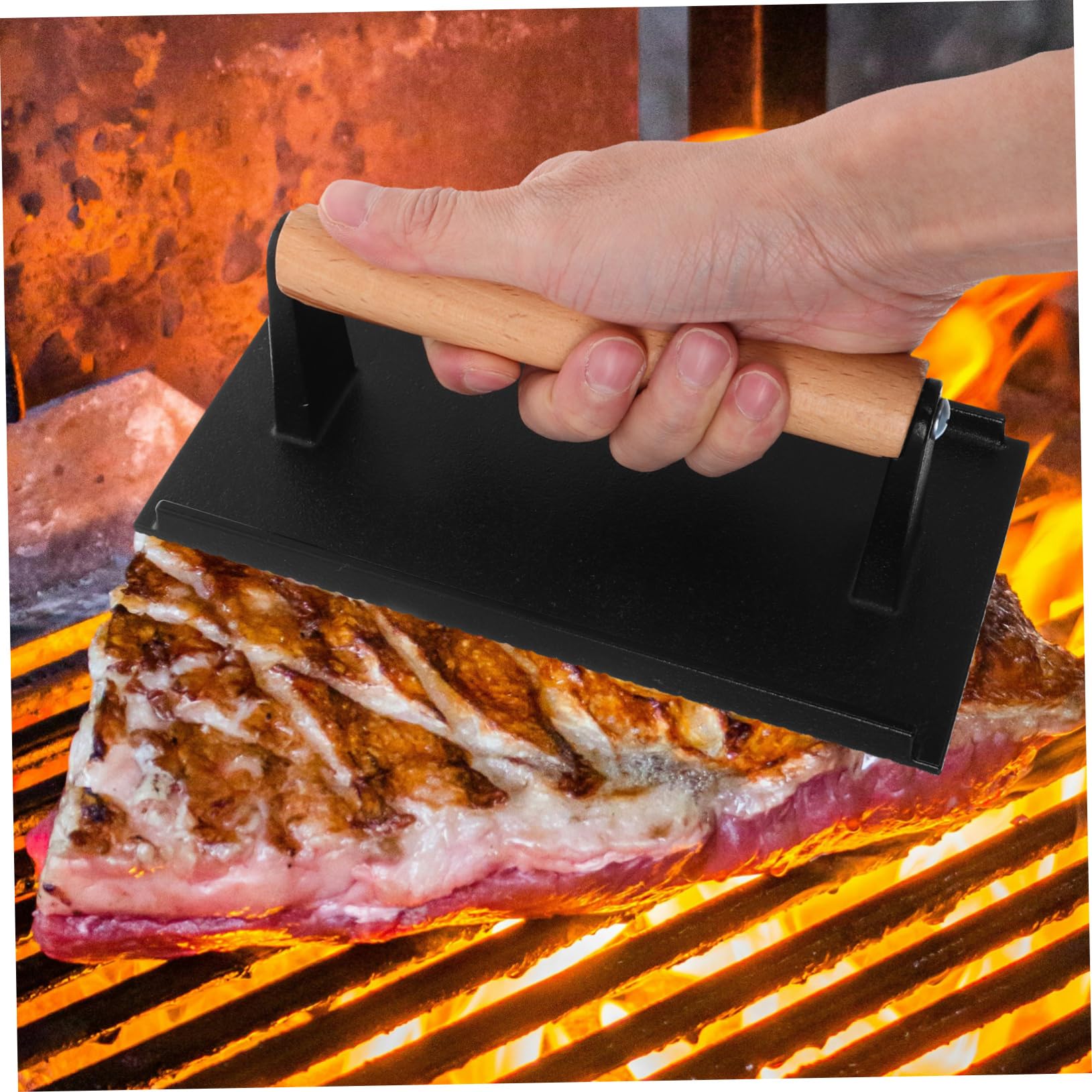 MAGICLULU de Prensa de Hamburguesas de Hierro Fundido 2 Piezas con Mango de Madera, Diseño sin Recubrimiento Prensa Rectangular y Redonda para Cocina y Multitarea