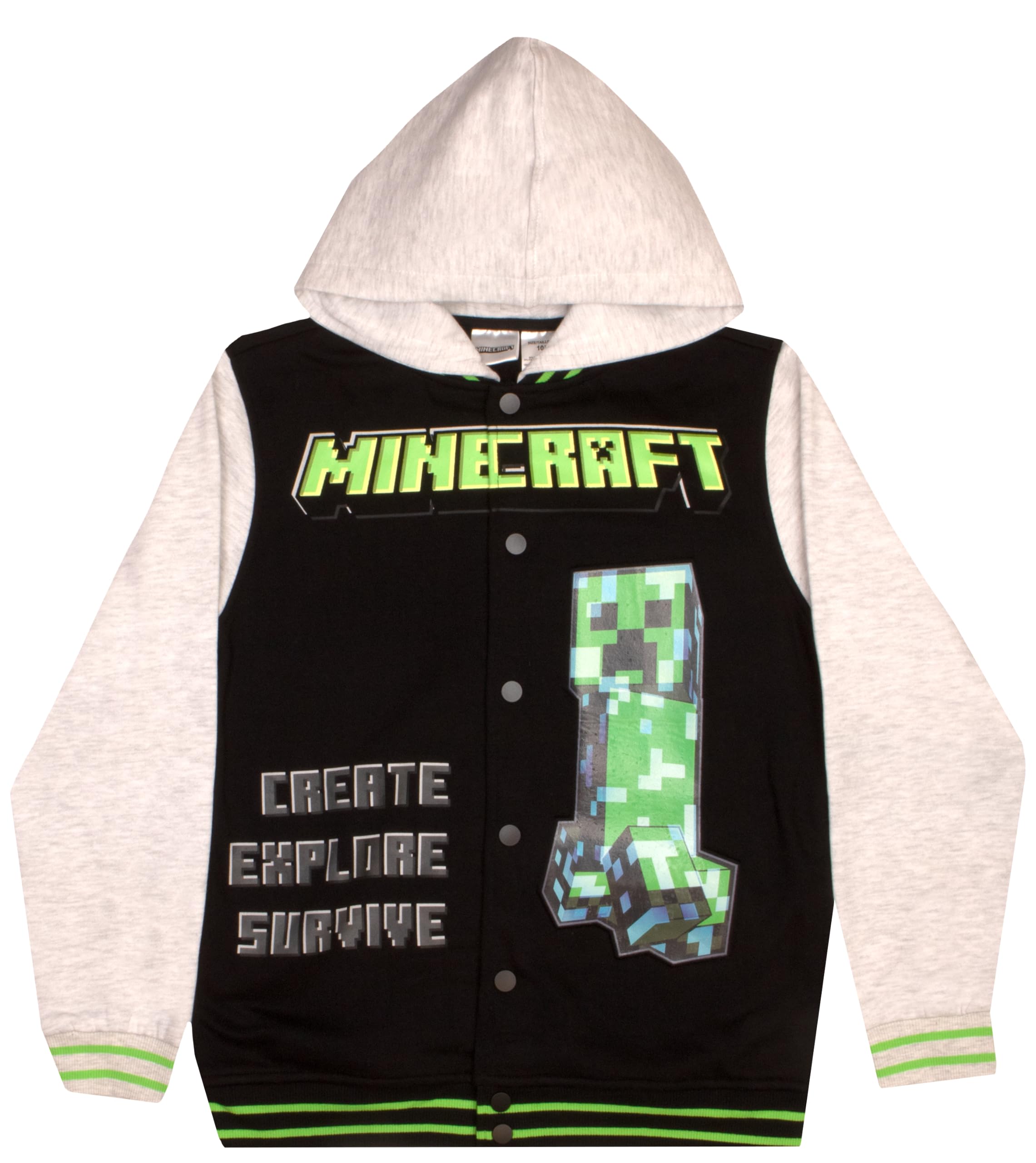 MinecraftBoys Creeper Zip-Up Hooded Fleece Varsity Jacket for Kids and Toddlers