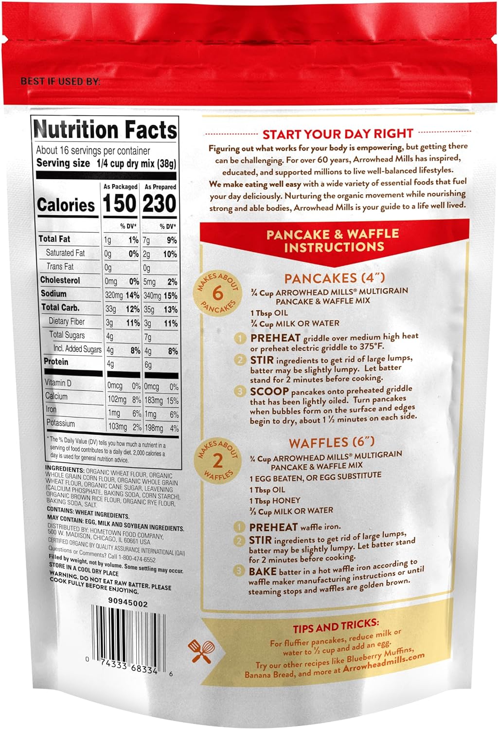 Arrowhead Mills Multigrain Pancake and Waffle Mix, 22 oz (Pack of 2)