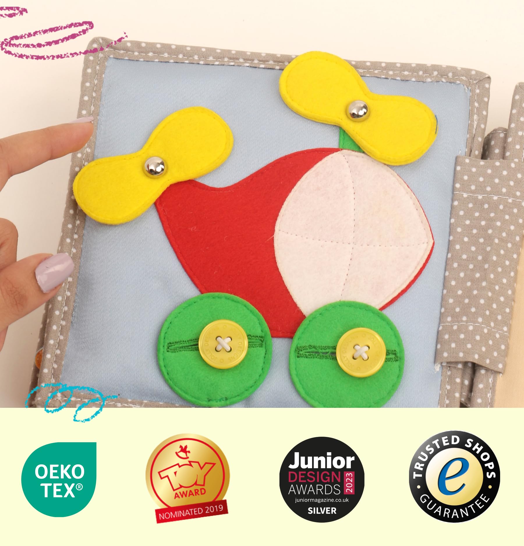 Jolly Designs Mini Quiet Book Peek-a-Boo - Montessori Toys a partir de 6 meses - Promueve la motricidad y la percepción sensorial - Libro de tela para bebés - Libro de fieltro hecho a mano - Perfecto