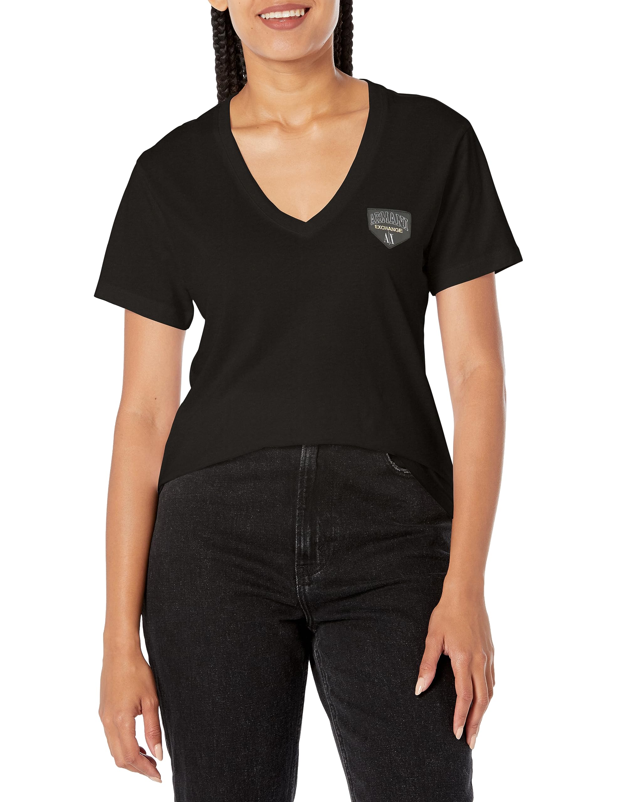 Armani Exchange Women's Collegiate Capsule V Neck Logo Patch Tee