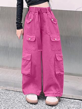 AOWKULAE Girls Cargo Multi Pocket Wide Leg Pants with Belt Kids 6-16 Years