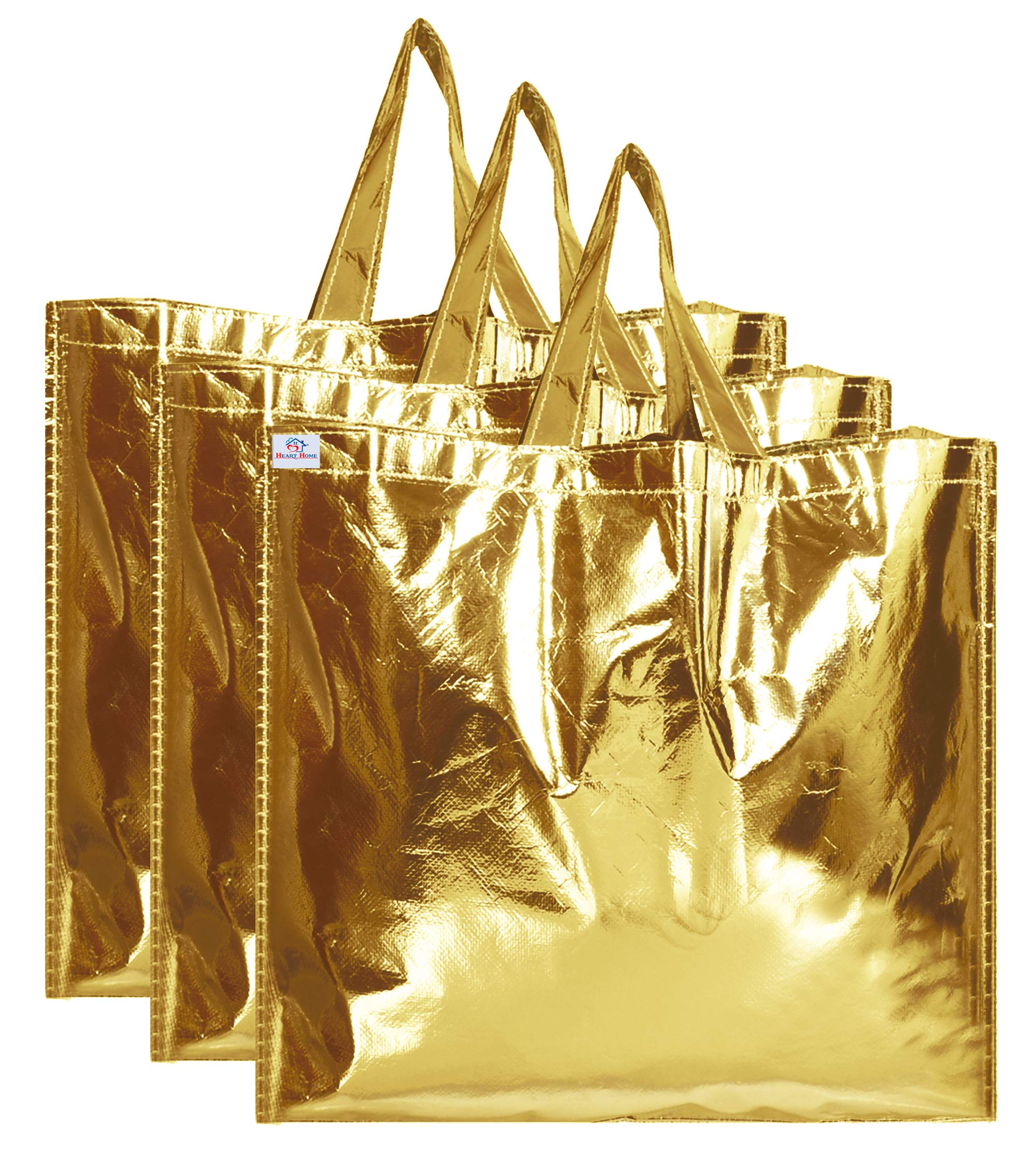 Heart HomeReusable Small Size Grocery Bag Shopping Bag with Handle, Non-Woven Gift Bag Goodies Bag Gold Tote Bag-Pack of 3 (Gold) (HS_36_HEARTH018927)