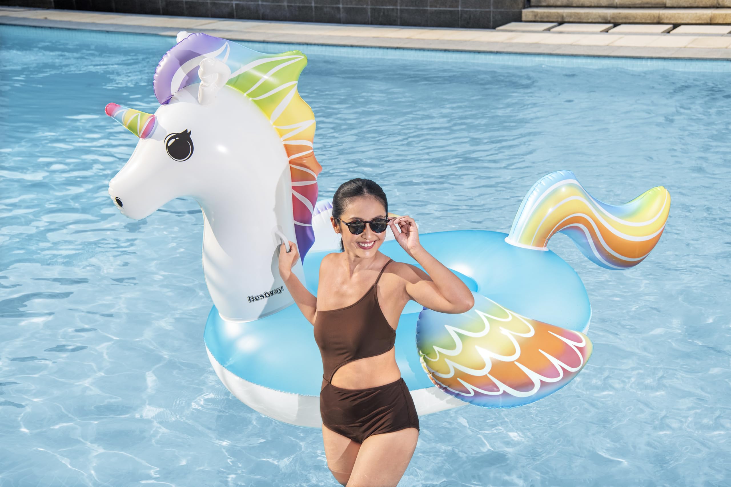 Bestway 7'4" x 64.5"/2.24m x 1.64m Supersized Unicorn Ride-On, Rainbow Unicorn Design - Image 3