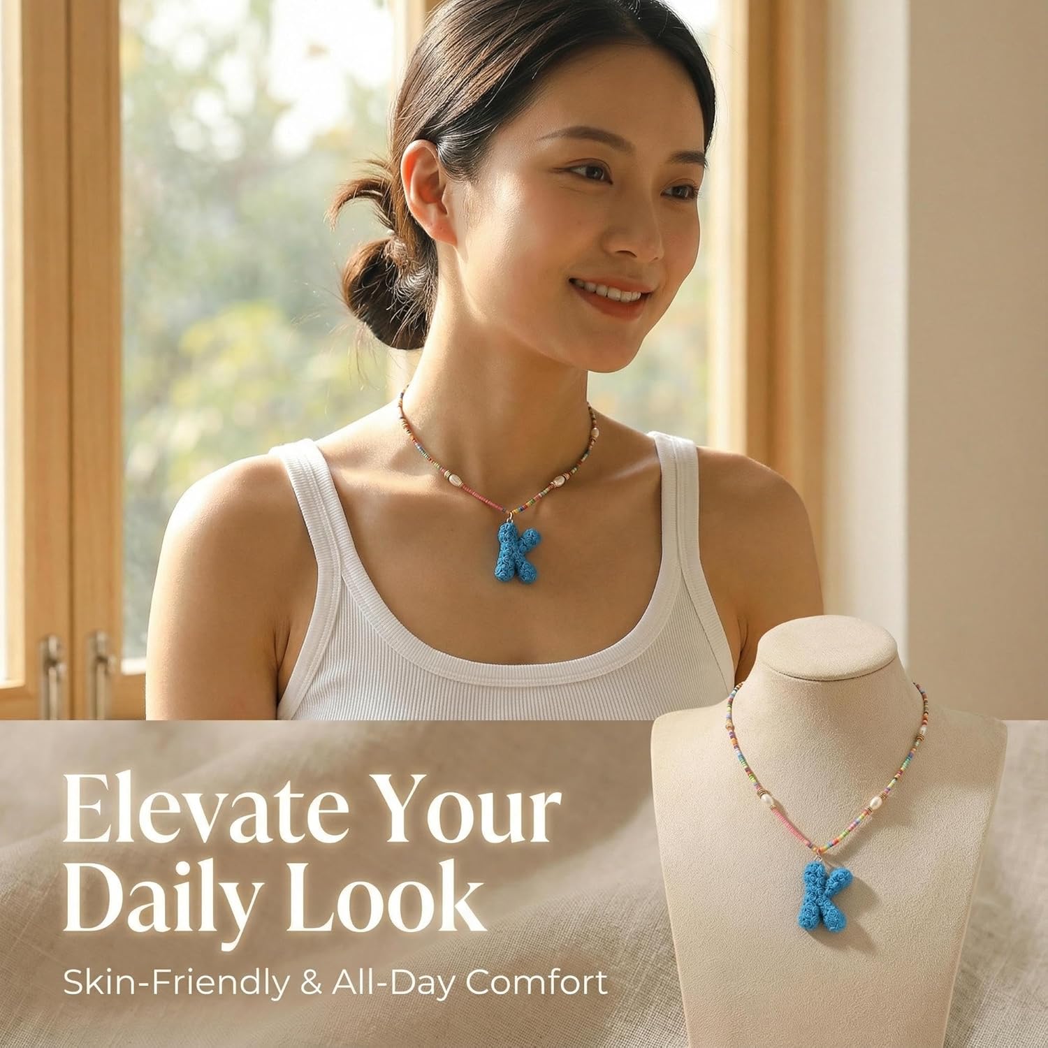 Colorful Beaded Initial Necklace for Women, 3D Rose Textured Bubble Letter Necklace, Personalized Y2K Aesthetic Boho Beaded Choker, Cute Alphabet Name Jewelry Gift, 16+2" - Image 4