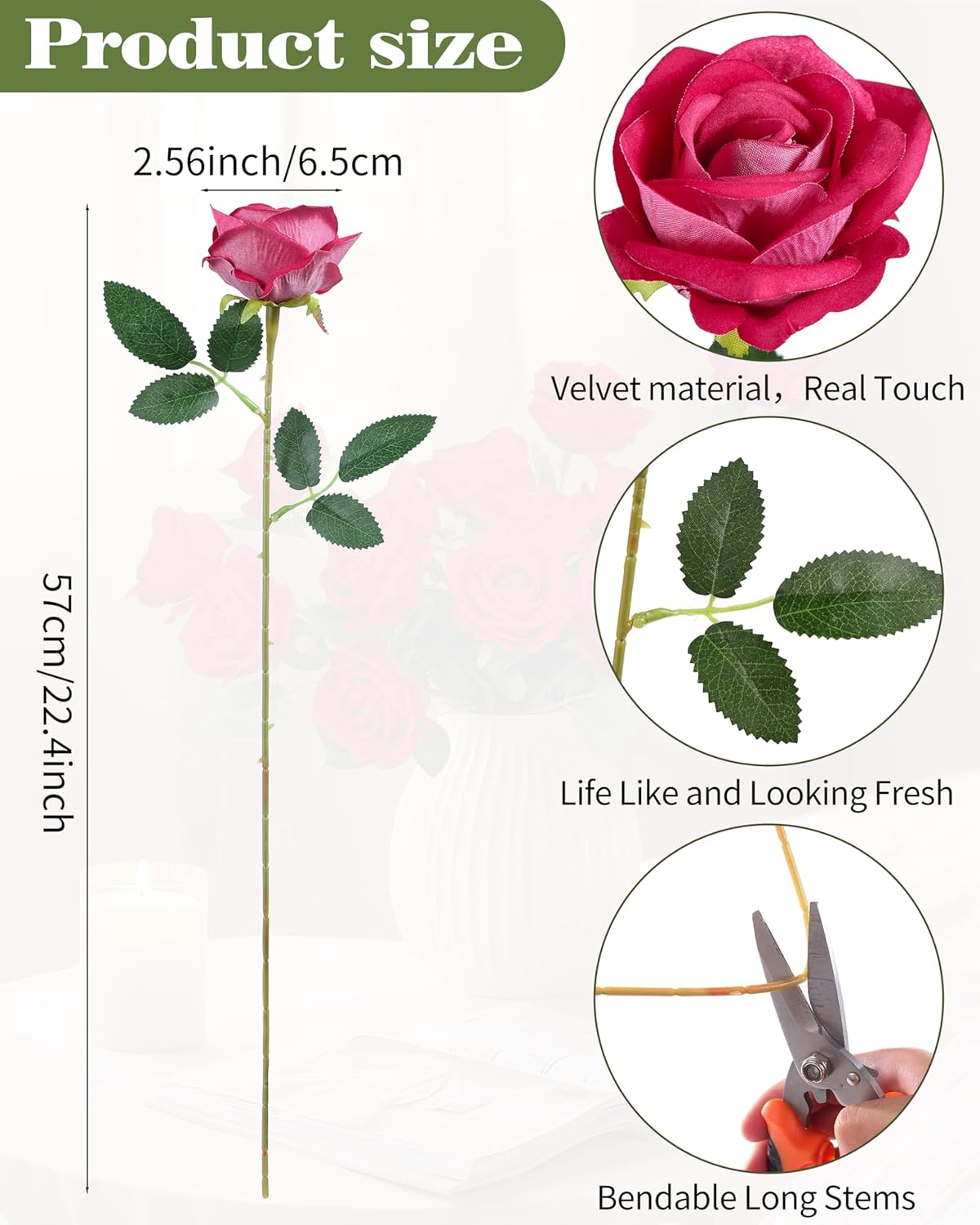 DuHouse 50Pcs Fake Roses Artificial Flowers,Fake Velvet Rose Bulk, Artificial Roses Bouquet with Long Stems for Wedding Party Arrangement Centerpiece Decorations(Hot Pink) - Image 2