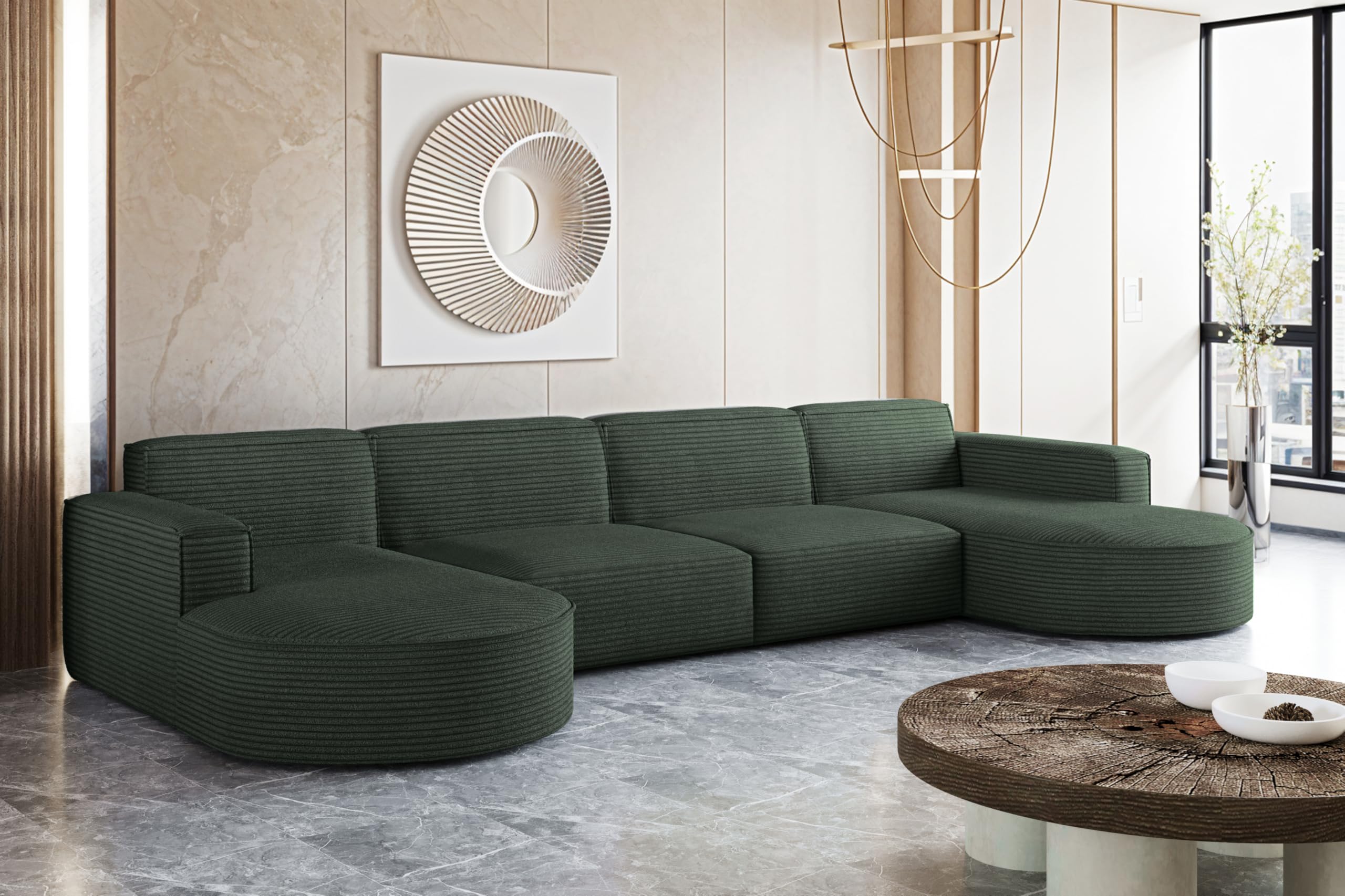 Kaiser Möbel - Ecksofa mit Wohnlandschaft, Eckcouch U Form, Bigsofa, Polstersofa, Bequemes Couch mit Ottomanen für Wohnzimmer, Relaxsofa, Stilvolles Cord Sofa, Lounge-Set U-Form, Modena XL, Grün