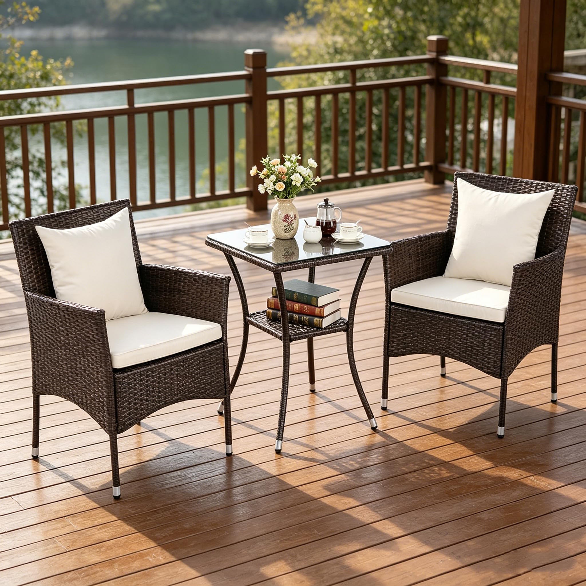 GIANTEX Salotto da Giardino 3 Pezzi, Set Giardino Esterno in PE Rattan con 2 Divanetti e 1 Tavolino in Vetro Temperato a 2 Ripiani, Set da Conversazione con Cuscini per Terrazza e Piscina (Bianco)