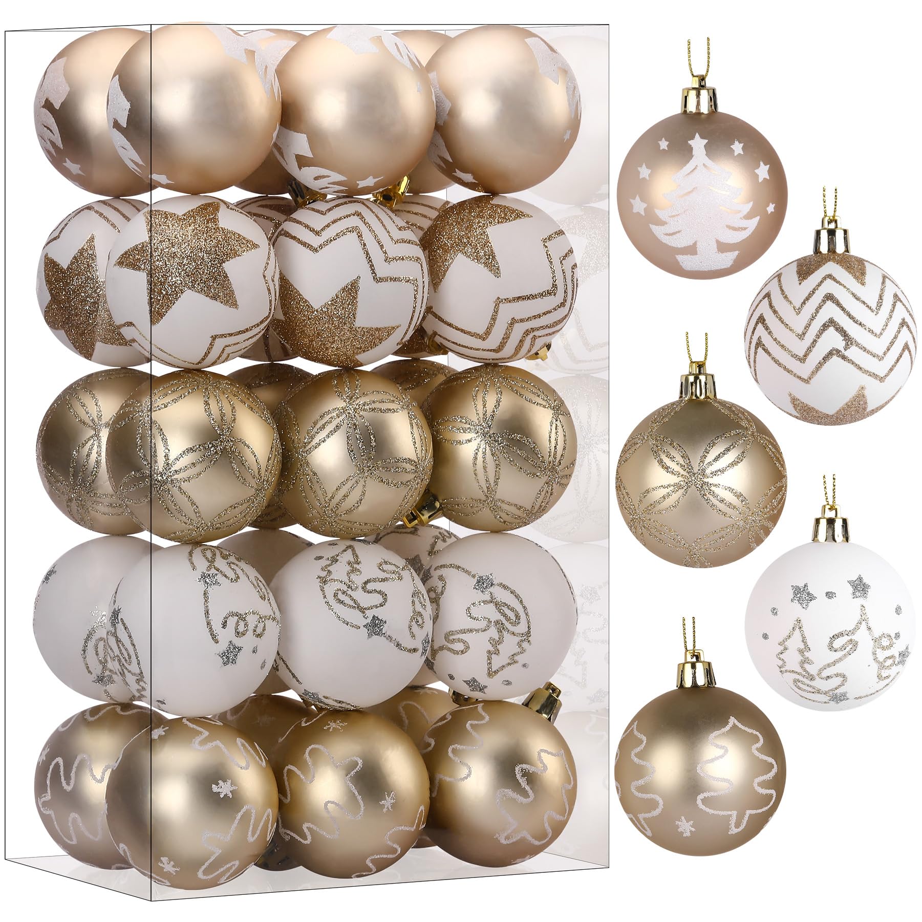 SHareconn 30 Piezas de 60 mm/2.36" de Adornos de Bola de Navidad, 5 Colores, Fiestas, Bolas de Árbol para Decoración de Vacaciones,Champán Dorado Y Blanco