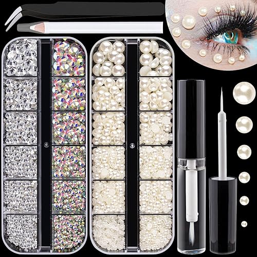Kits de diamantes de imitación y perlas con parte trasera plana cristal redondo AB y gemas blancas transparentes perlas beige con pegamento de