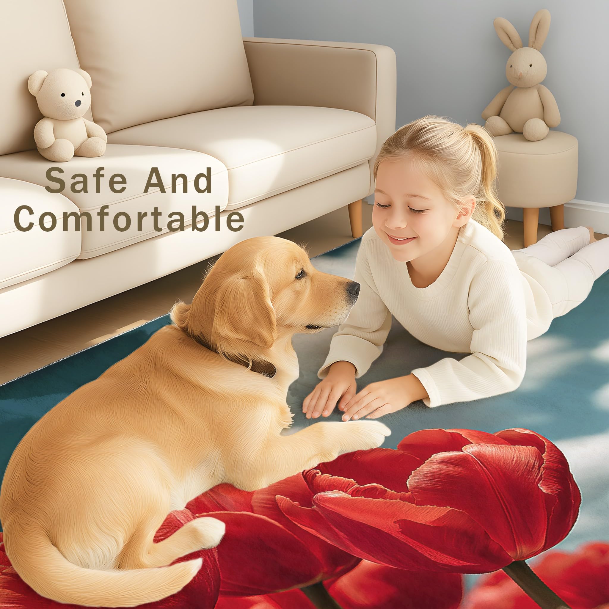 Générique Tapis De Salon Poils Ras Grand Nature Floral Intérieur Antidérapant Tapis Imprimé Style champêtre Couleur Tulipe Rouge Ciel Bleu, Paillasson Confortablex Lavable 120 x 180 cm