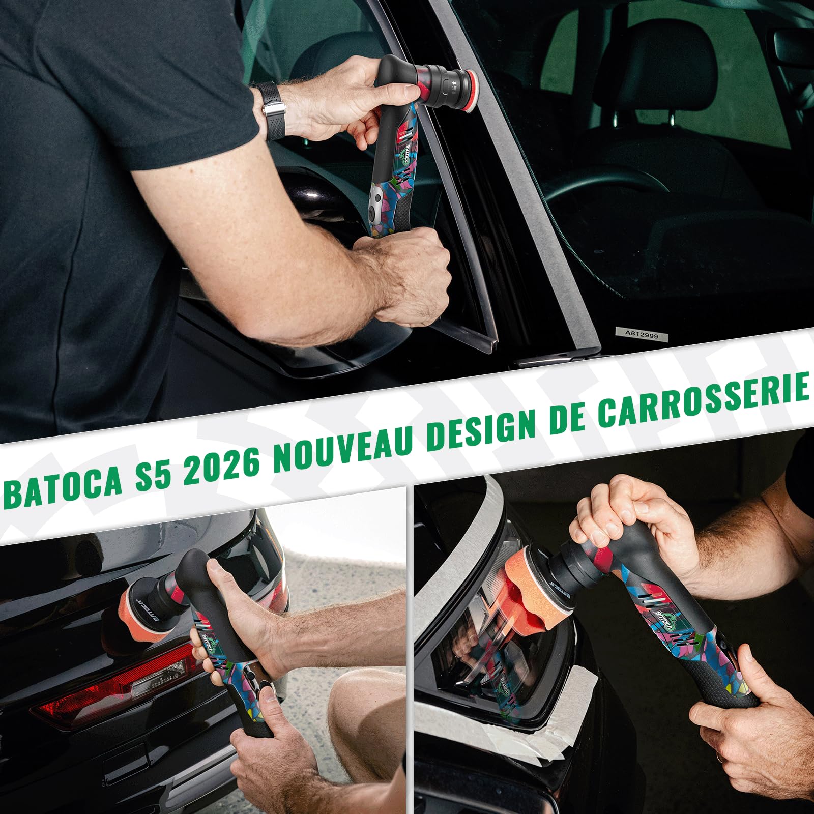 BATOCA S5 Mini Polisseuse Voiture Sans Fil Polisseuse Orbitale et Rotative | Pour Voiture Kit Polissage Voiture Kit de Disques de Polissage 25/50/75mm lot de 2 Batteries 12V 6 Vitesses 2000 à 5500tr/min