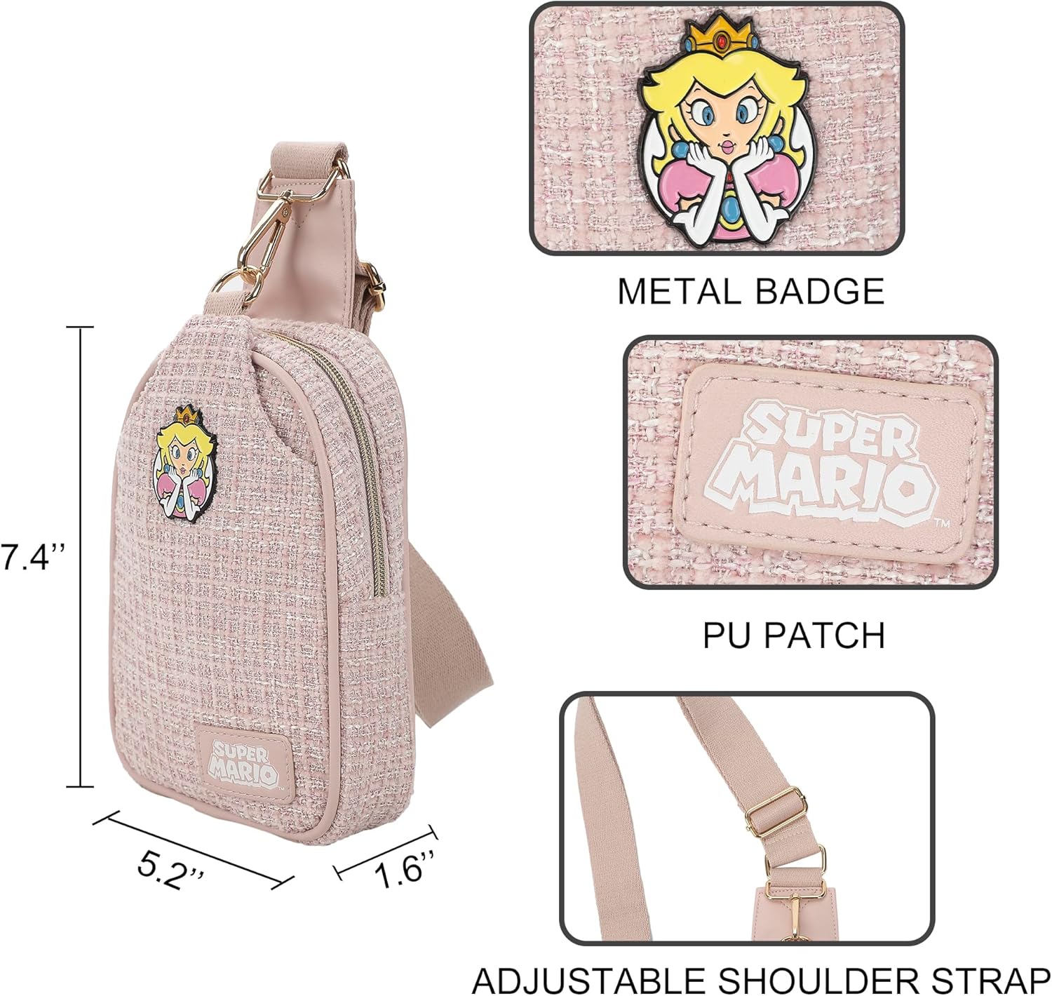 Super Mario Brothers Princess Peach Sling Bag With Adjustable Strap