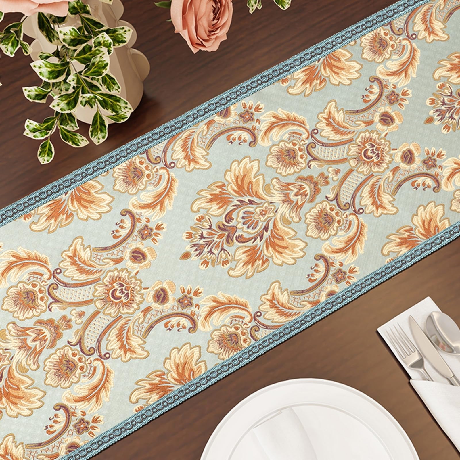 Tischläufer Landhausstil Polyester Leinen, Tischläufer Modern 35x260 cm, Nordisch Jacquard mit Floralem Muster und Quasten