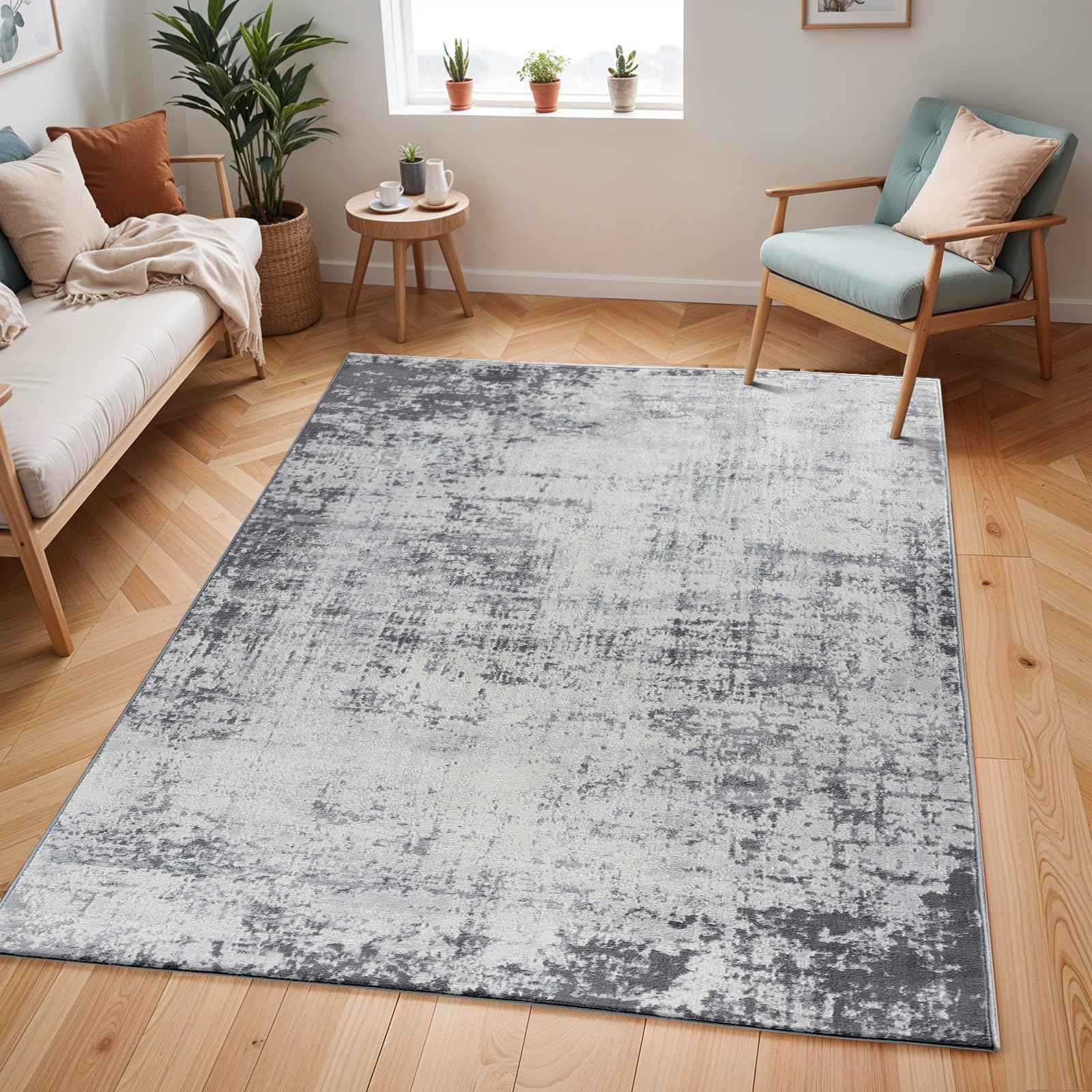 Livabliss Grey/White Floransa-Abstract Charcoal Off- Modern Marble Rug - 120 X 170 Cm
