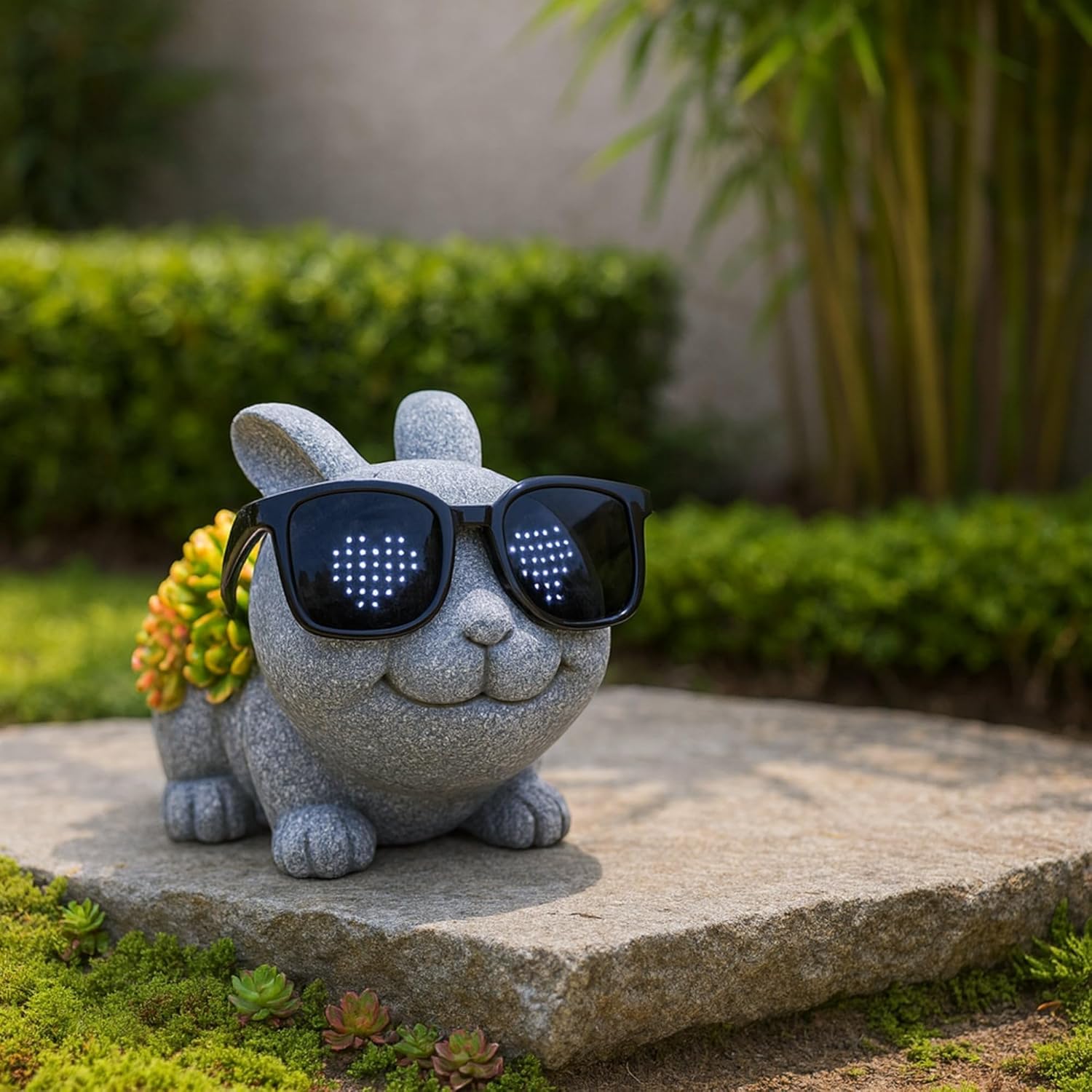 Rabbit Figurine with Solar-Powered Glasses Succulent Bunny Decor Garden Statue for Patio Yard Balcony Housewarming Gifts for Mom Women Grandma
