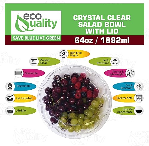 Miniatura 2 de Ensaladeras desechables transparentes de 64 onzas con tapas (paquete de 10) – Contenedores de ensalada desechables de plástico transparente para el