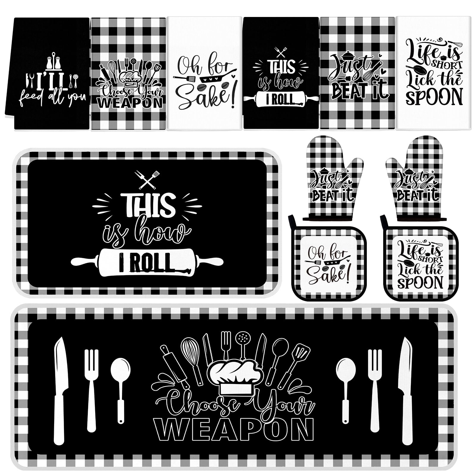 Fourluoo Juego de 10 manoplas de cocina a cuadros y soportes para ollas, paños de cocina en blanco y negro, accesorios de decoración de cocina para chef, hornear, cocinar, parrilla, barbacoa, mujeres