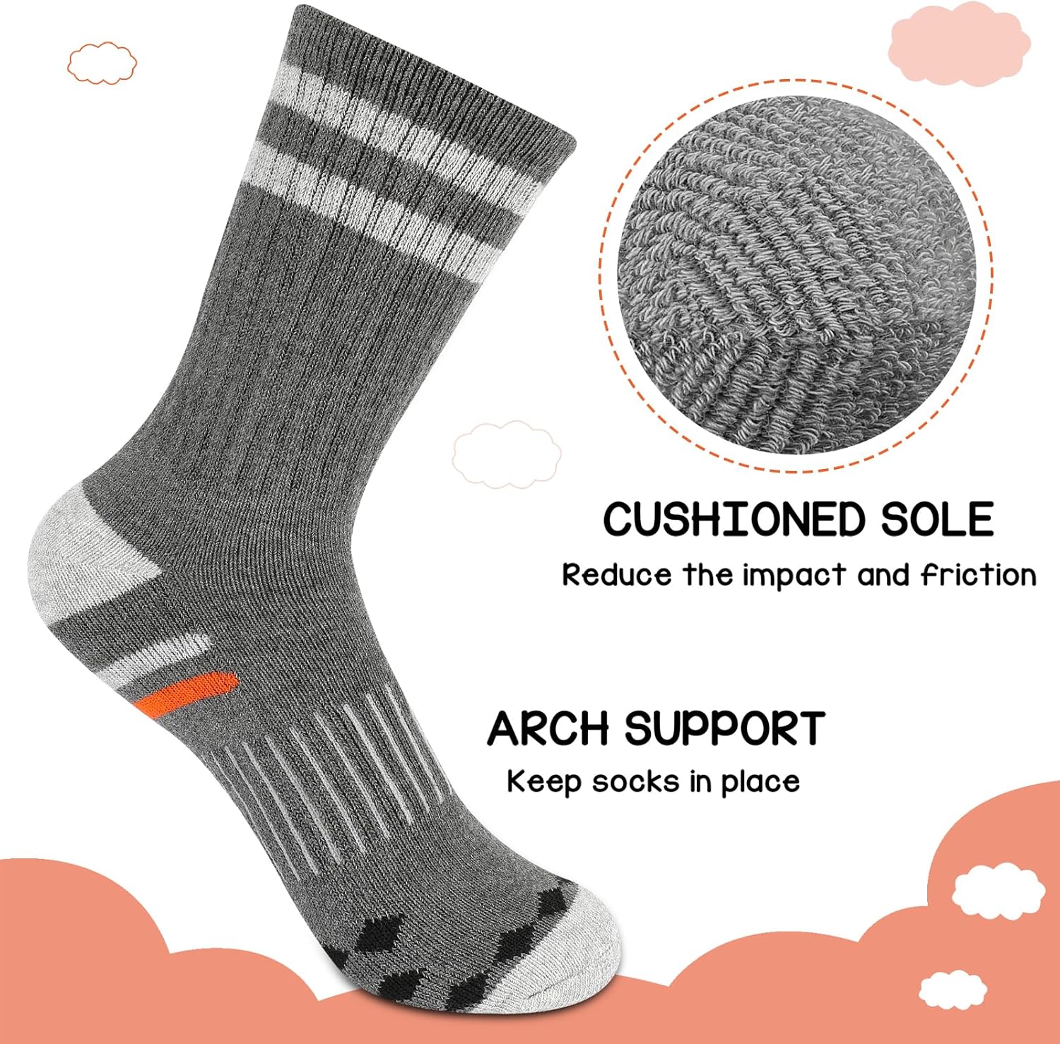 Comfoex Boys Socks Crew Socks For Kids 6-8 4-6 8-10 Years Old Athletic Calf Half Cushioned Cotton Long Socks 6 Pairs