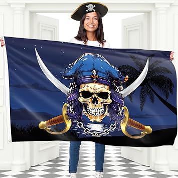 Pirate Flag Jolly Roger Flag large 5x3 ft Jack Rackham Banner 100Den polyester, double stitched, 2 metal eyelets