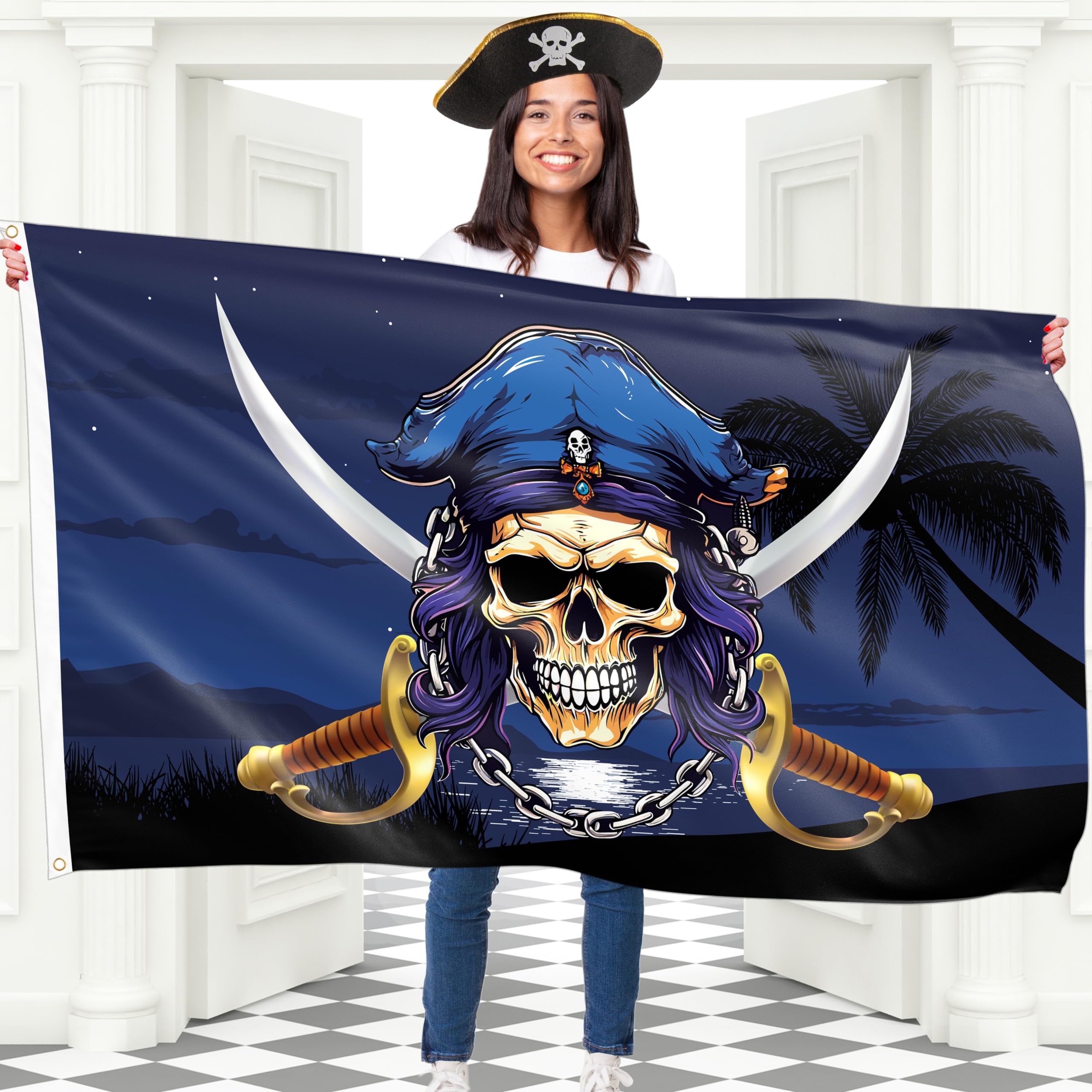Pirate Flag – Jolly Roger Flag with Crossed Rapires – 100Den polyester - Double Seam - 2 brass eyelets, large 5ft x 3ft