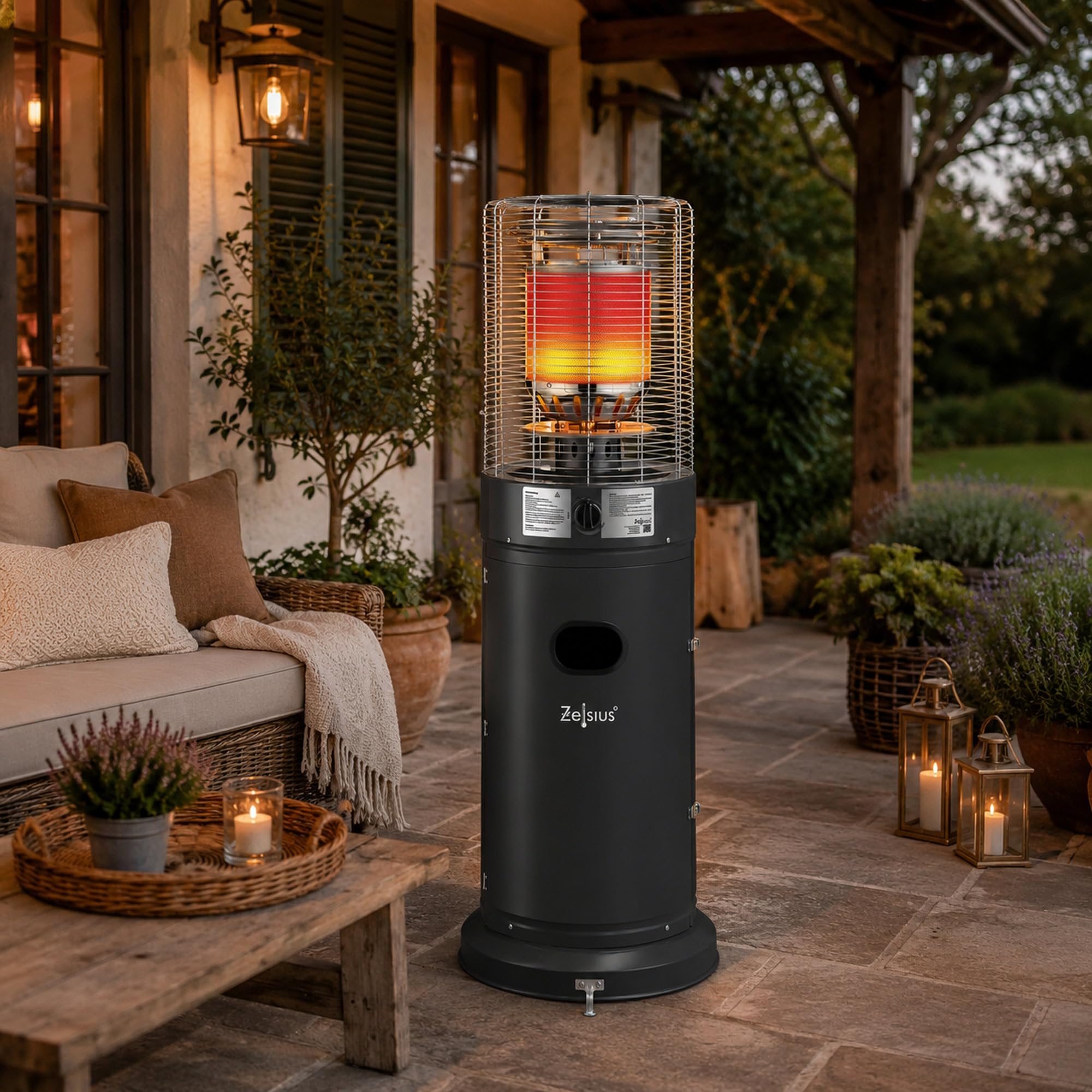 Zelsius Gas Heizstrahler "Zermatt" | 11 kW | Ø 46 cm x 137 cm | Dunkelgrau | Terrassenheizstrahler außen, Terrassenheizung, Outdoor Heizpilz, Gasheizpilz für Terrasse Balkon und Garten