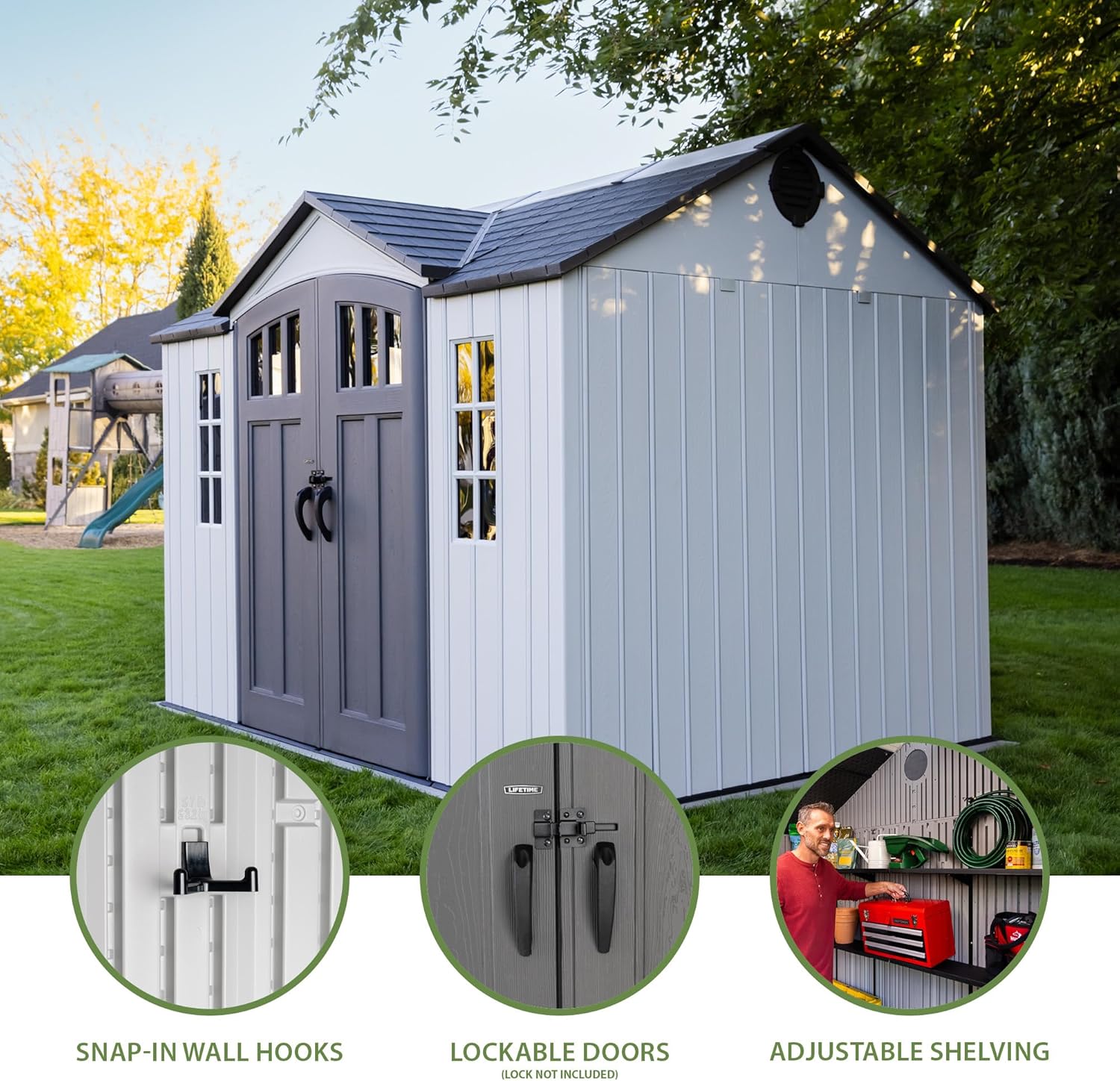 Lifetime Dual Entry Outdoor Storage Shed, 10x8 Ft, Desert Sand, Resin Tool Shed with Double Doors