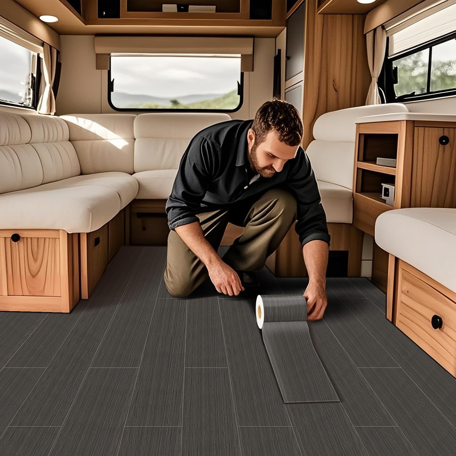 Rollo de vinilo impermeable para suelo de caravana y autocaravana, efecto madera, antideslizante, antiarañazos, autoadhesivo, 120 x 500 cm (6 ㎡), color gris, ideal para renovación de autocaravanas