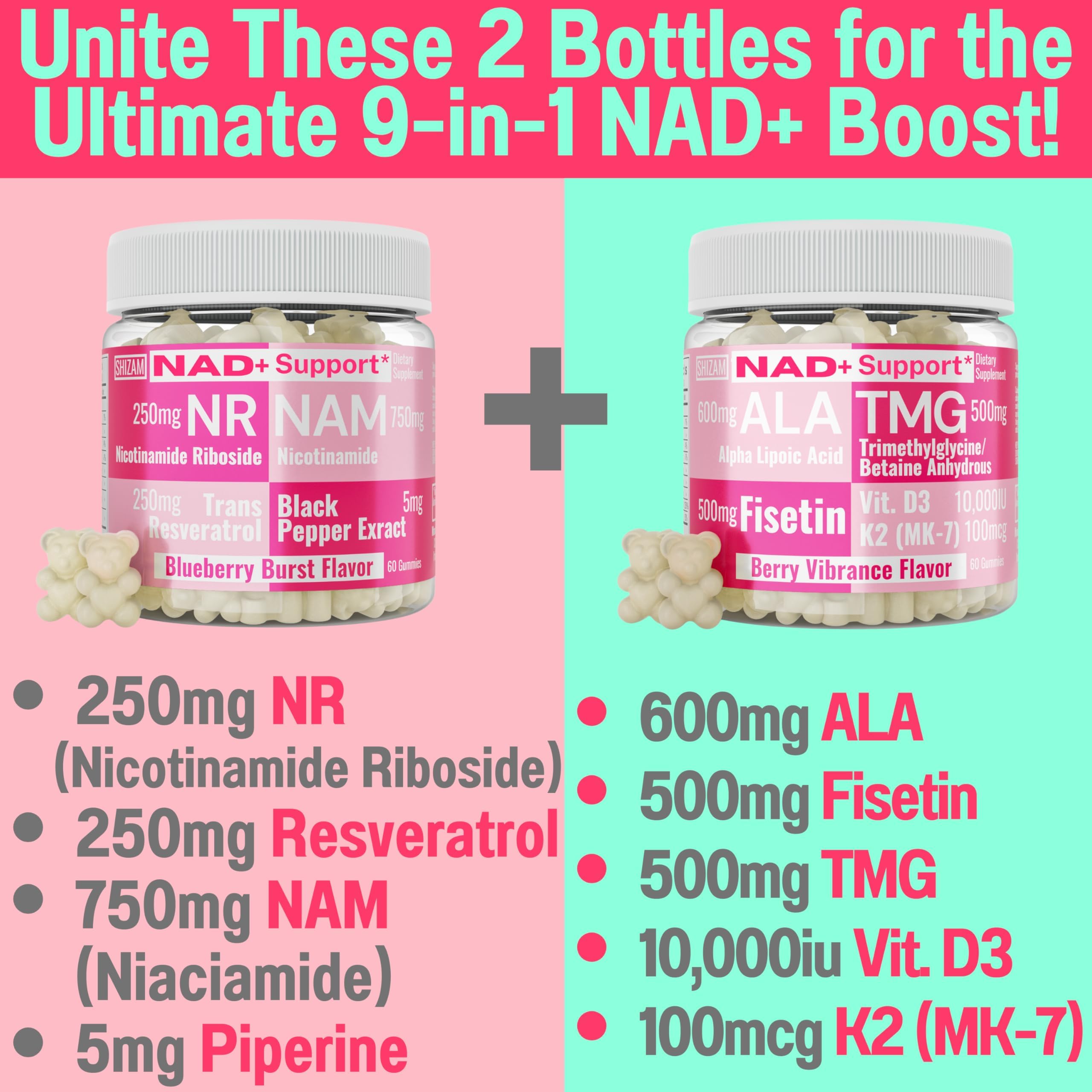 SHIZAM TMG Betaine Alpha Lipoic Acid ALA D3 Fisetin Gummies, Tri-Methylglycine trimethylglycine R-Alpha NAD+ Plus + HCL Supplements, Mitochondrial Senolytic Activator, NR Capsules Powder 600mg 1000mg — Amazon image 5